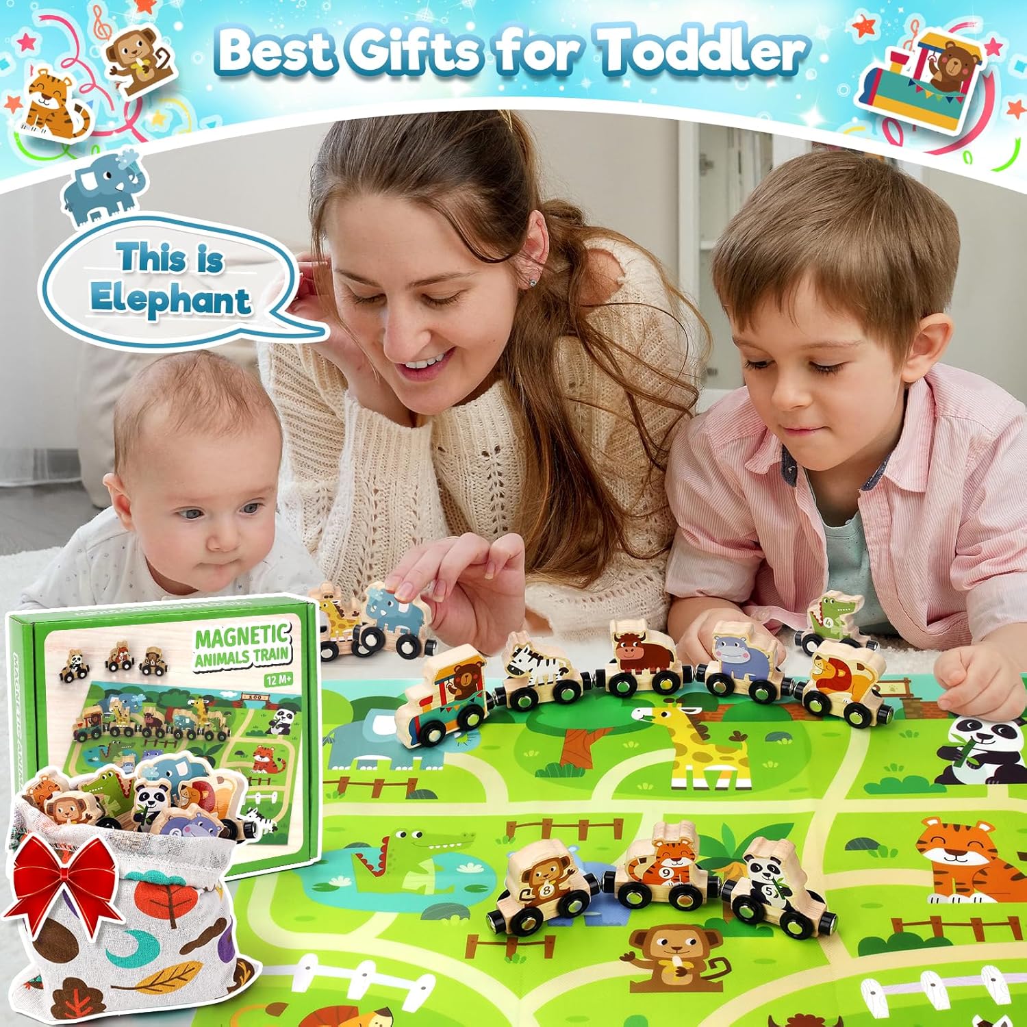 Detalle 2 de WhizWinks Jouet enfant 2 ans : train magnétique en bois sur tapis de jeu, ferme et animaux (1-2-3-4 ans)