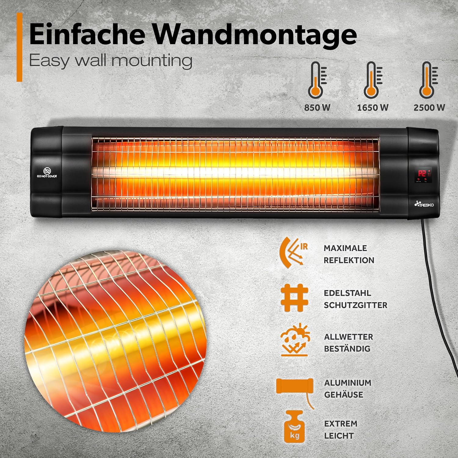 Detalle 2 de TRESKO Infrarot Heizstrahler 2500W für Terrasse
