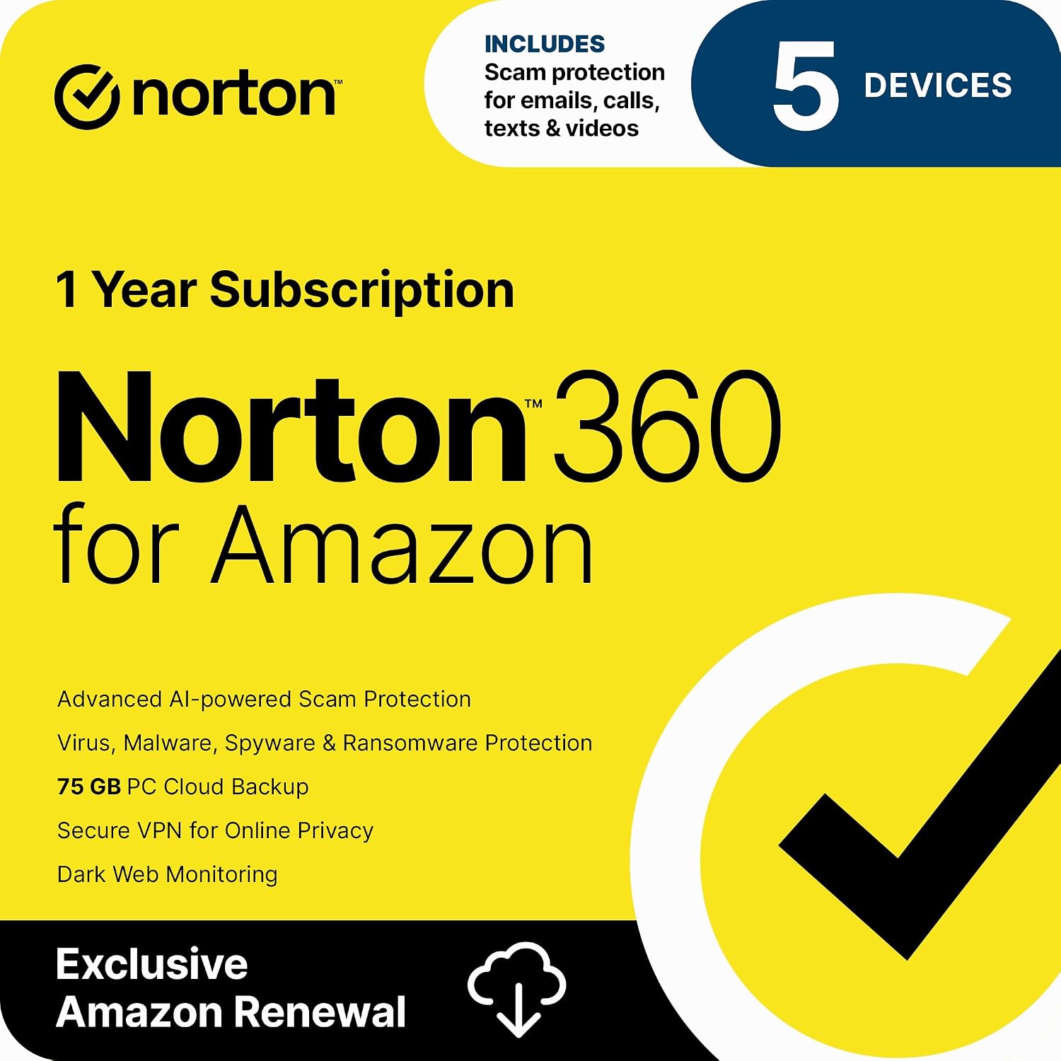 Detalle de Norton 360 for Amazon: Antivirus for Up to 5 Devices with AI Scam Protection, VPN, and Dark Web Monitoring