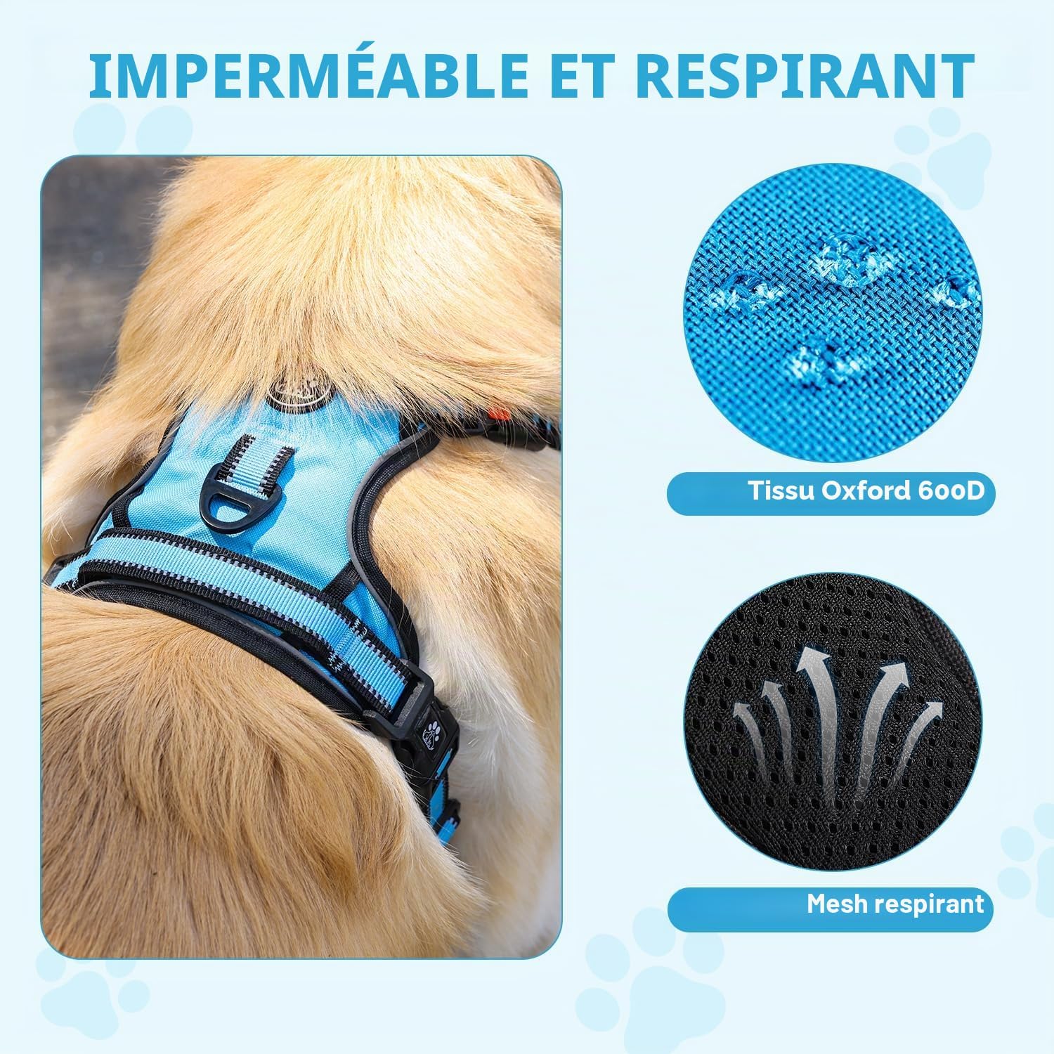 Detalle de Harnais pour Chien anti-tirage en Oxford réfléchissant, taille ajustable, avec poignée rembourrée et 4 sangles – Gilet de harnais