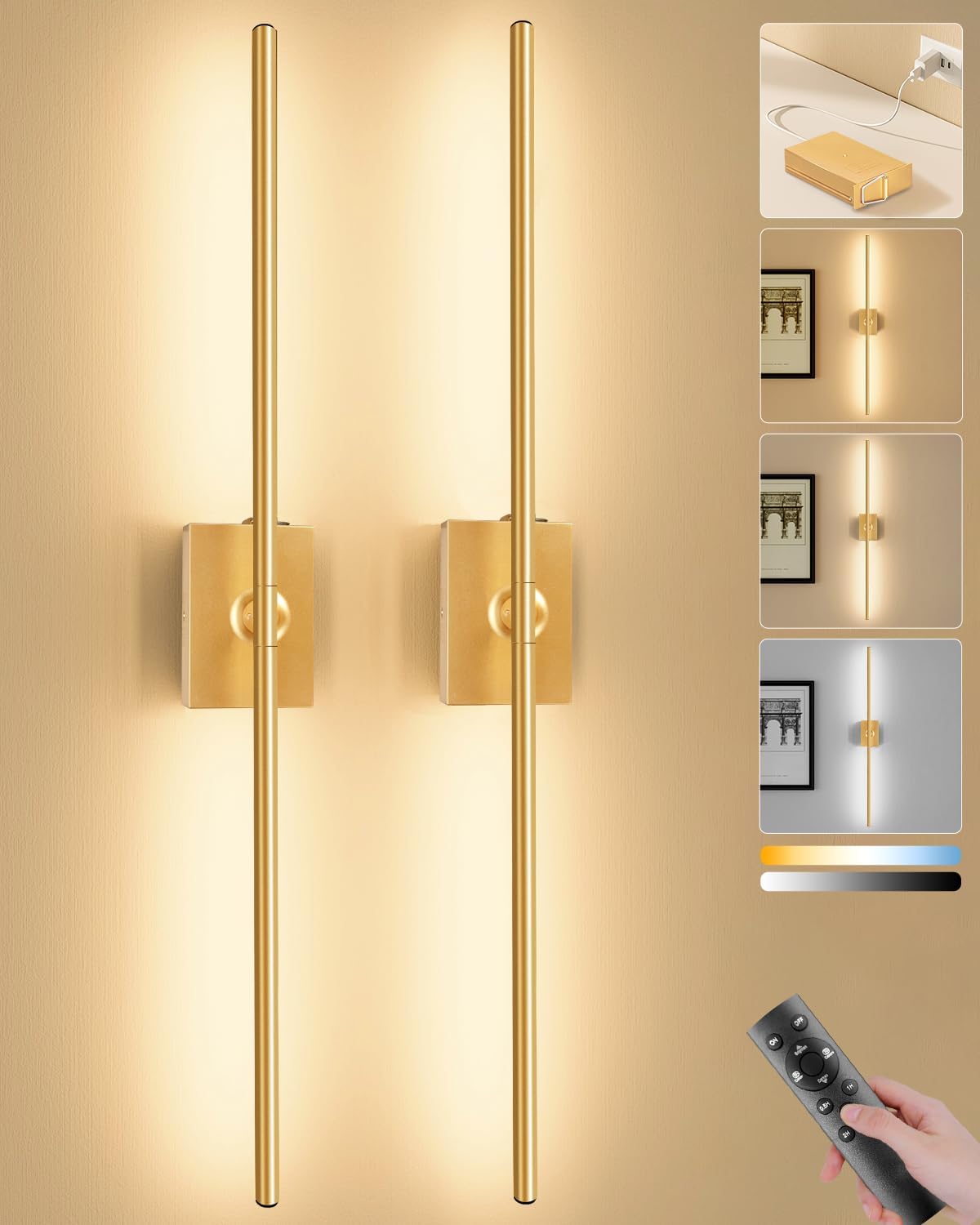 Detalle de Ouyulong WS-04 Battery-Operated Wall Sconces, 31.6in Gold, Set of 2