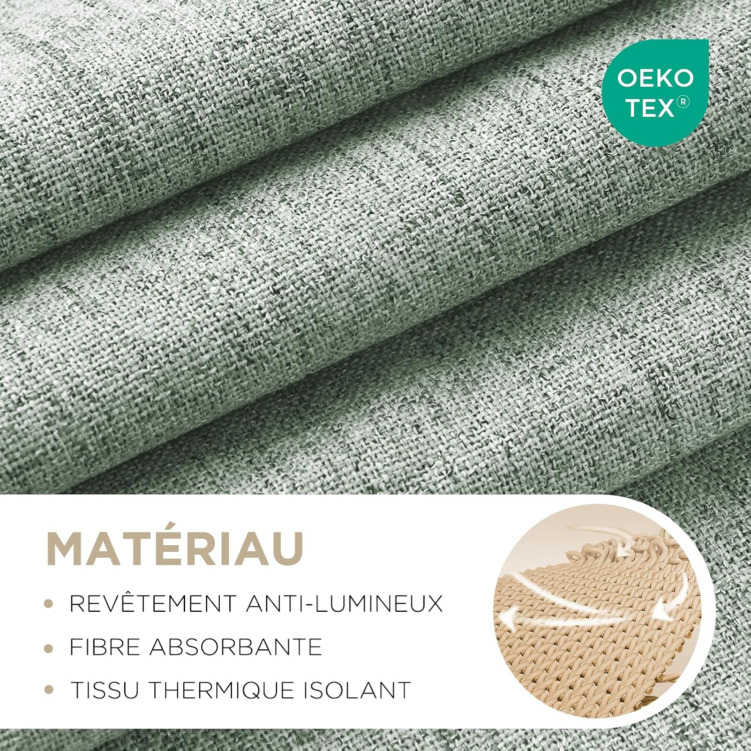 Detalle 2 de Joydeco Rideau occultant 100% polyester imitation lin Vert Sauge 140x220 cm – 2 panneaux