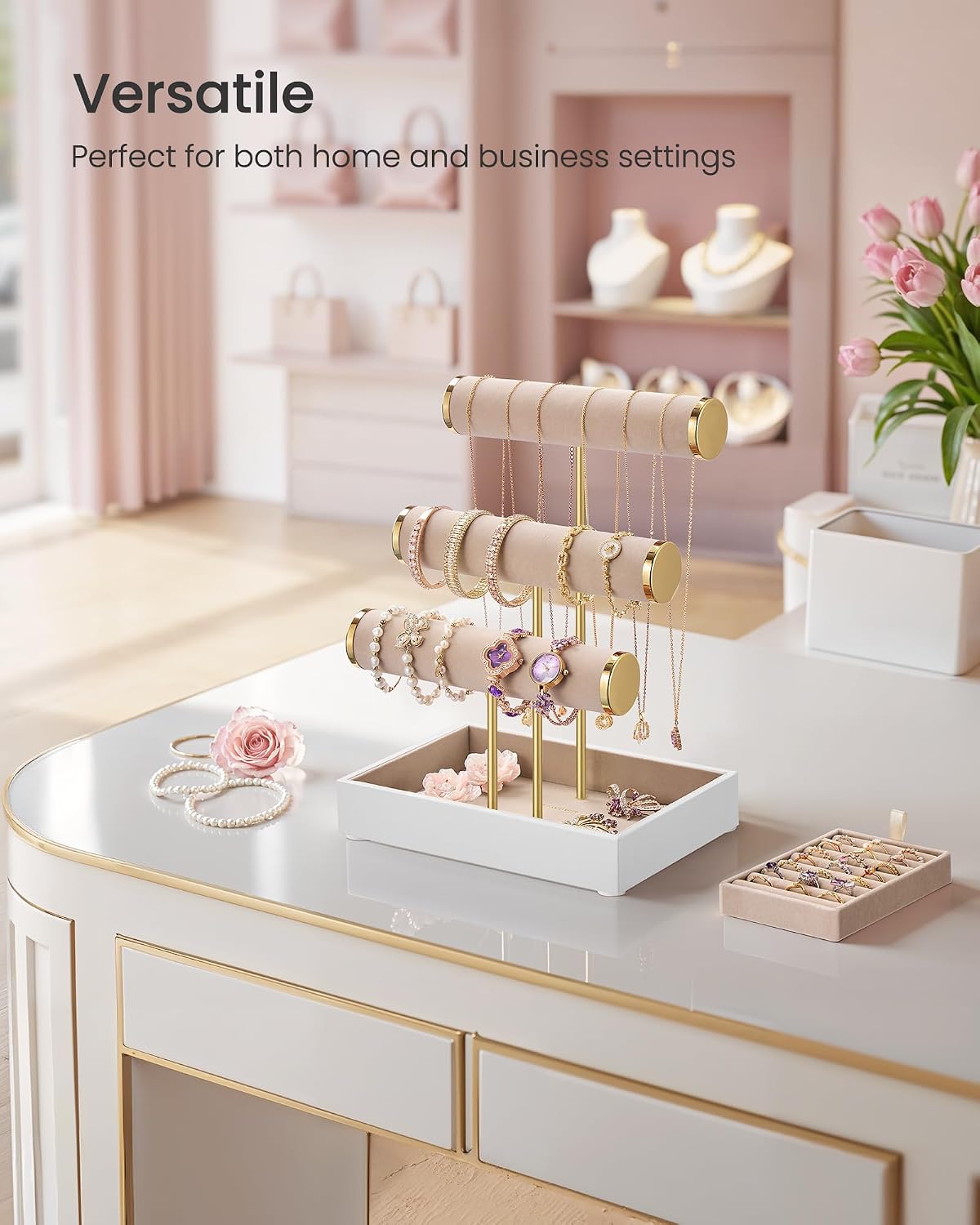 Thumbnail 5 de SONGMICS JJS027A01 3-Tier bracelet holder stand with velvet tray and removable ring holder