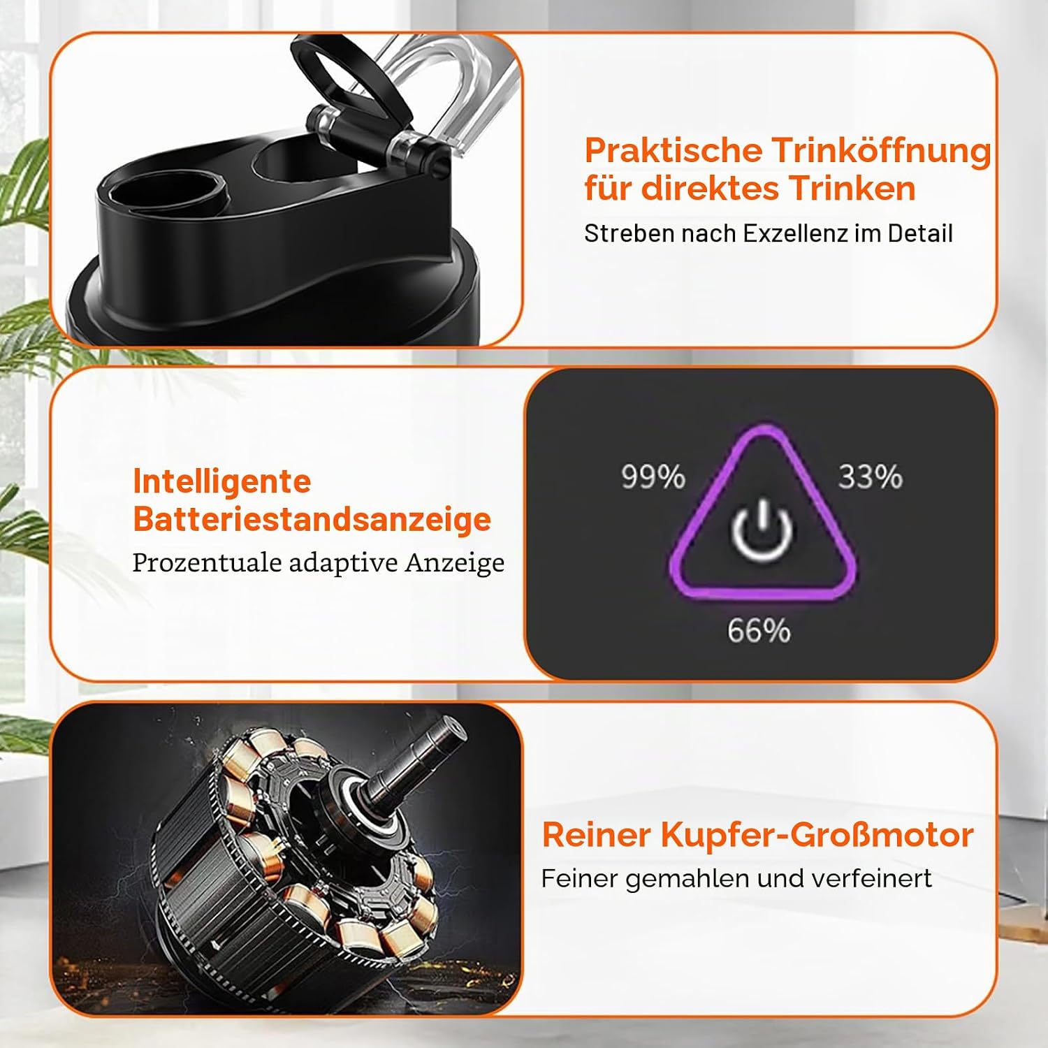 Detalle de Smoothie Maker Tragbarer Mixer/Blender 700 ml – BPA-frei, 6000 mAh Akku, Weiße Ausführung