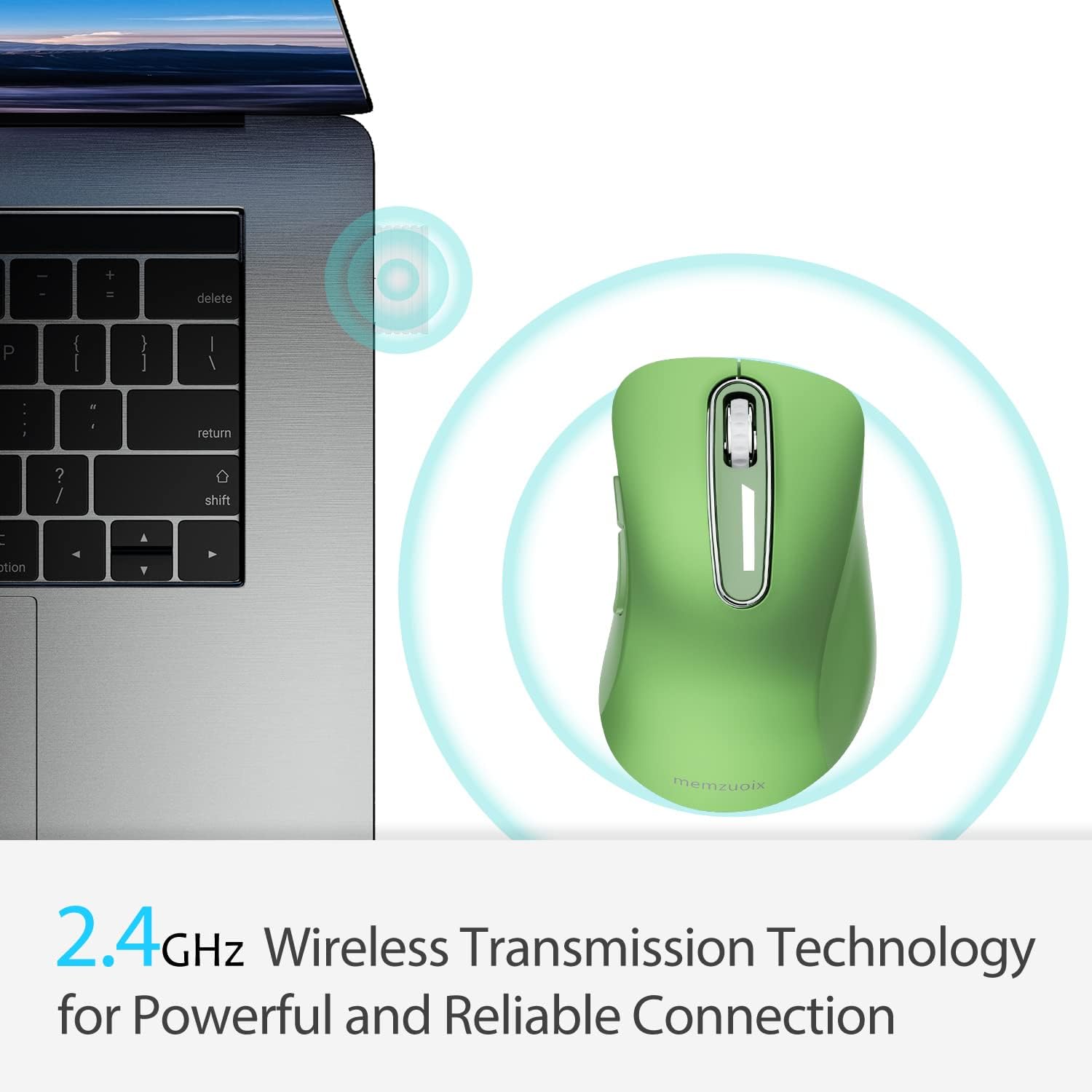 Detalle de memzuoix MidMouse Green Wireless Mouse, 5 Buttons, Rubberized Finish