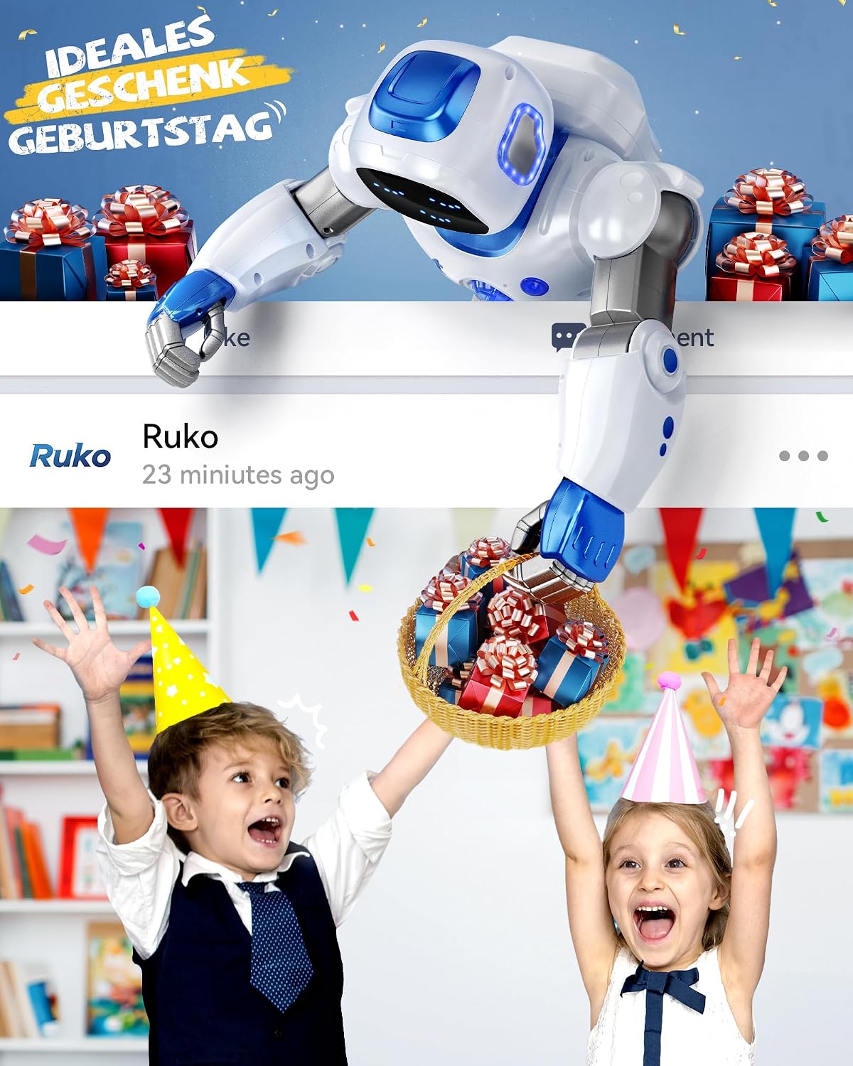 Thumbnail 1 de Ruko 1088 Intelligenter Roboter – interaktiver Lernroboter mit App-Steuerung (groß, blau) für Kinder 4–9 Jahre
