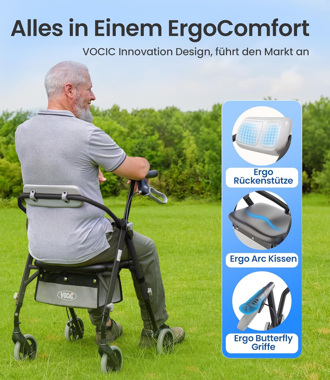 Detalle de VOCIC Z11 Rollator – faltbar, leicht und stabil mit Sitz (Tragkraft 172 kg)