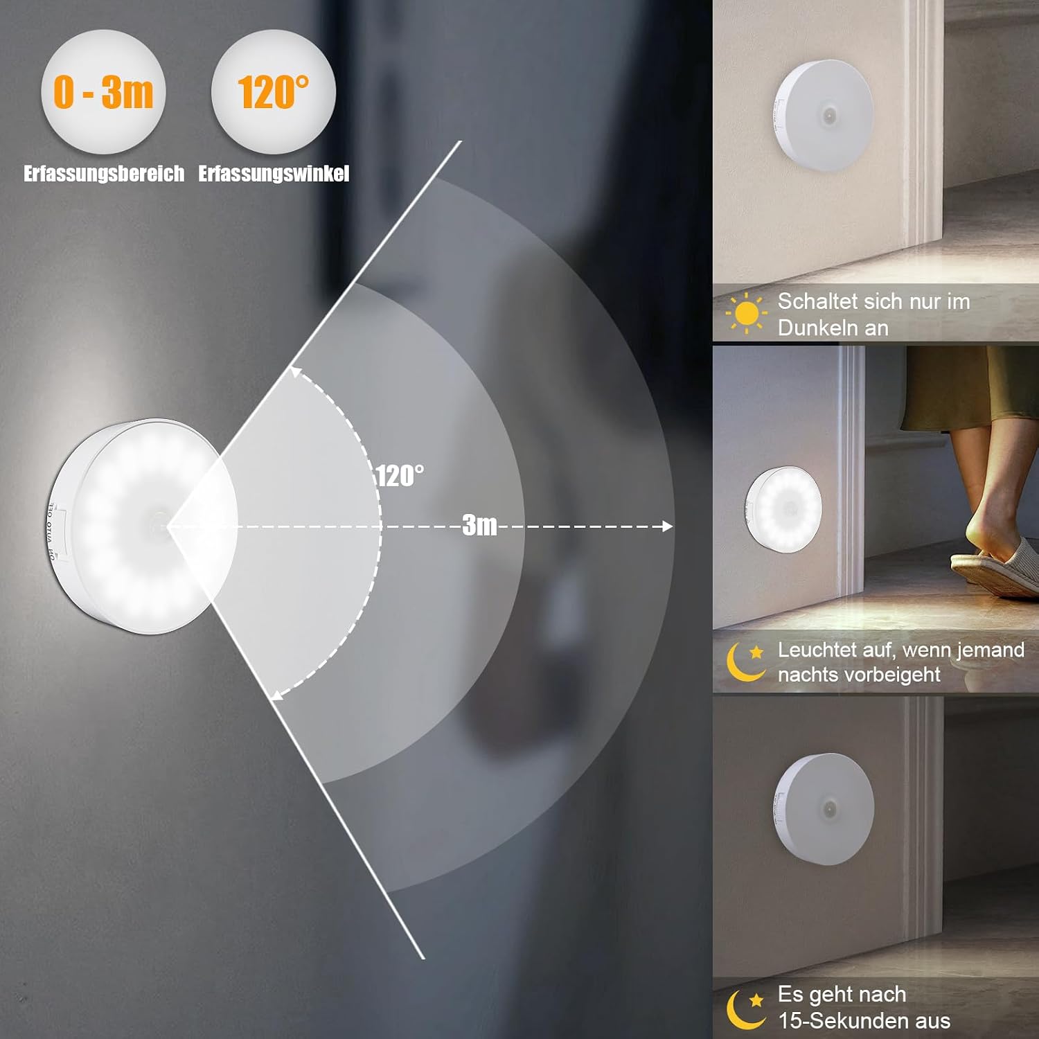 Detalle 2 de Electight DEHML15 nattlampa med rörelsesensor, 14 lysdioder och 6000 K kallvitt ljus, 6-pack