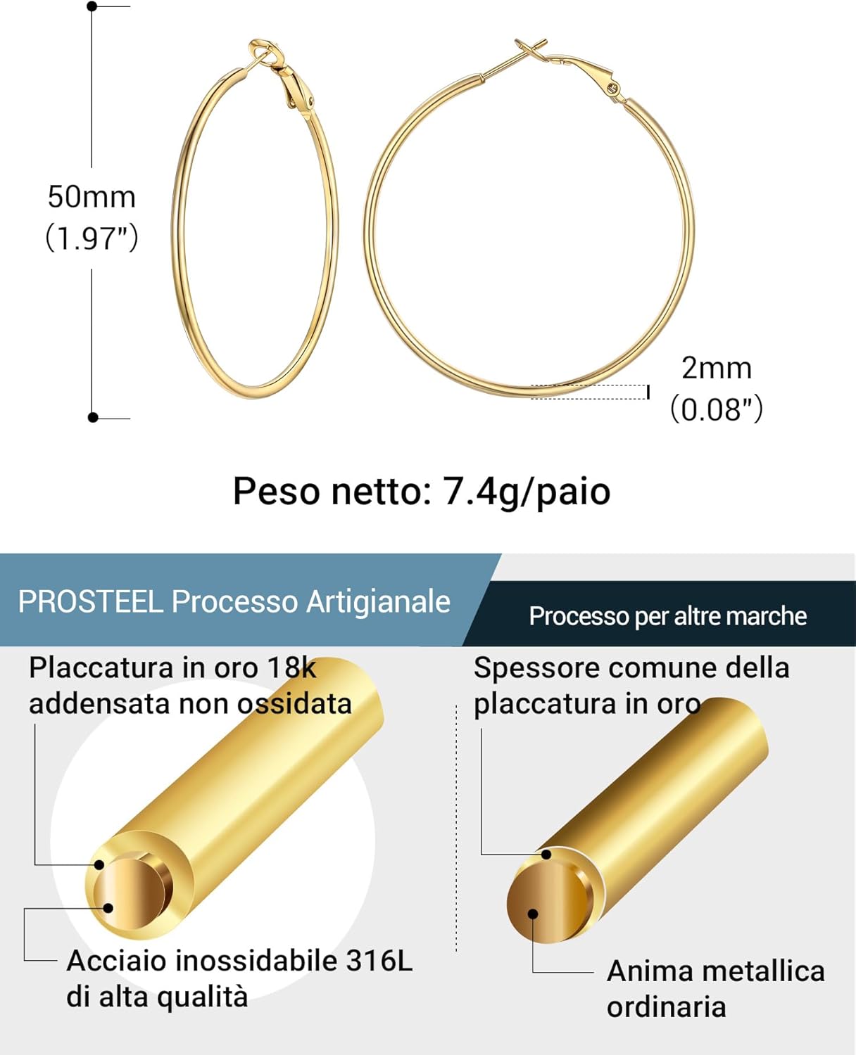 Thumbnail 4 de Prosteel Orecchini Cerchio Argento Oro 14K Placcato