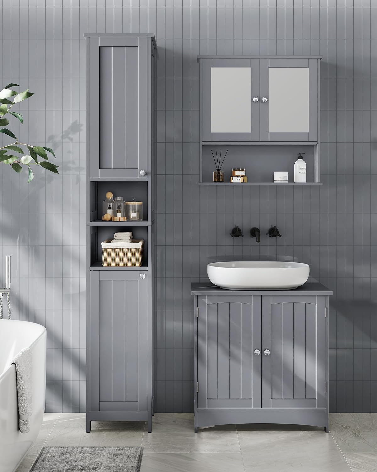 Thumbnail 6 de VASAGLE Mobile da bagno con luce BBC566G03, armadietto alto da colonna grigio tortora 30 x 30 x 170 cm