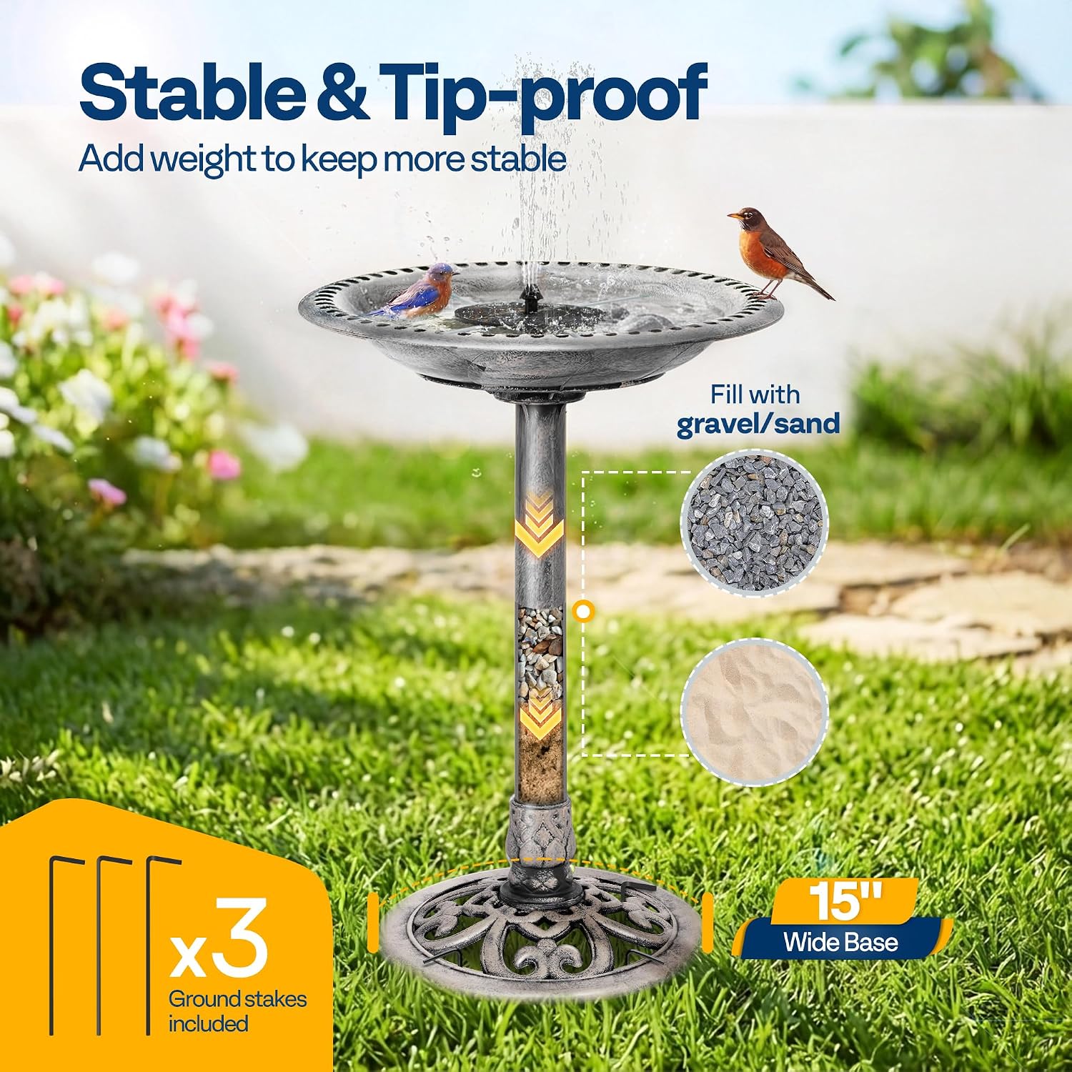 Detalle de VIVOHOME Plastic Resin Bird Bath with Solar Fountain – Round Grey Pedestal, 71x50x50cm