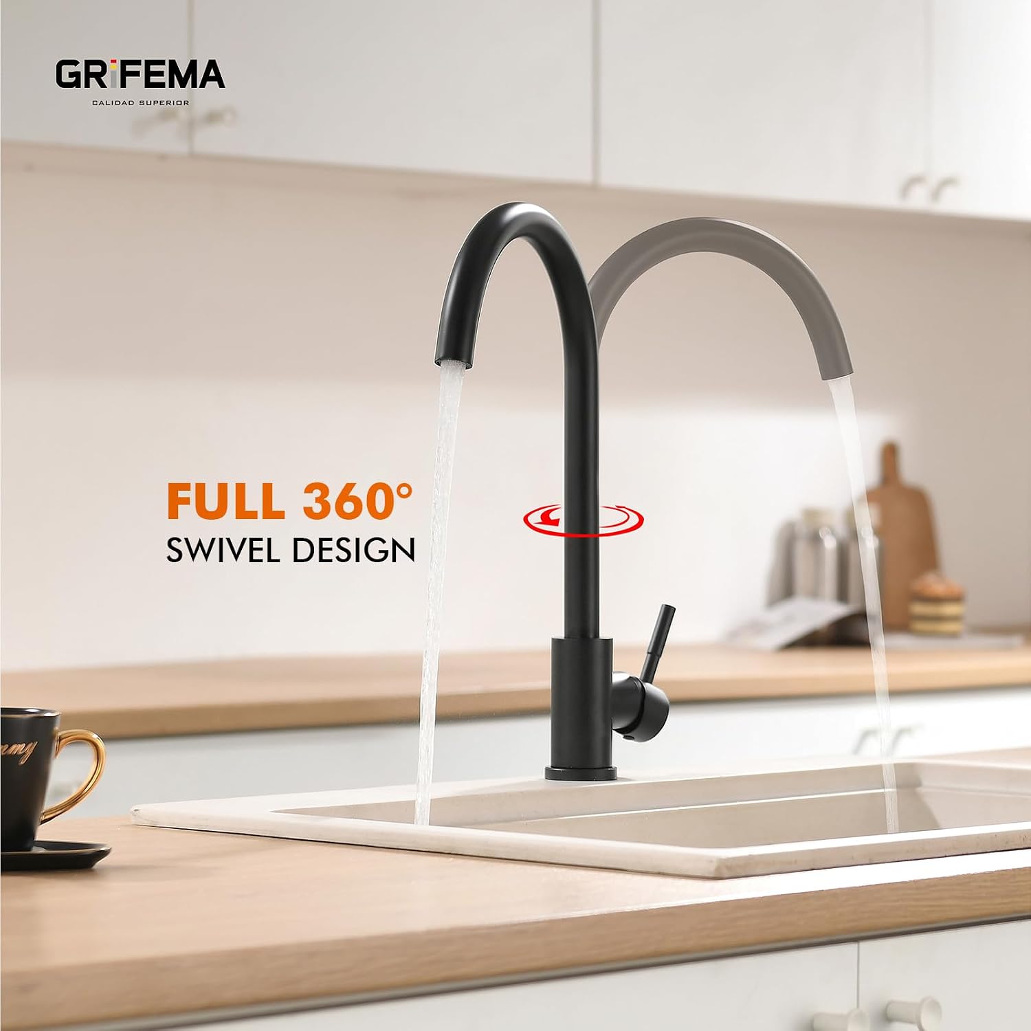 Detalle de GRIFEMA G4008B Black Kitchen Sink Tap — 360° Swivel Spout, Solid Brass & Stainless Steel, Hot & Cold