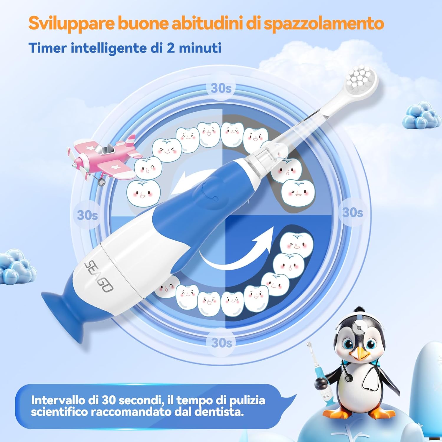 Detalle de Seago Spazzolino elettrico per bambini con design a pinguino, luce LED, timer 2 minuti e testina morbida (con spazzolino di ricambio) – IPX7