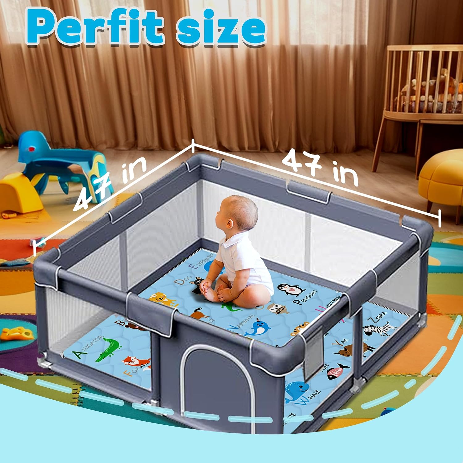 Detalle de FUGWU 47" x 47" Baby Play Mat, Blue Animal Design, Foldable and Washable