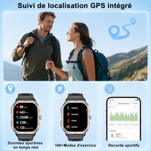 Detalle 2 de Jugeman Montre Connectée Homme Militaire – GPS intégré, écran 2,06" et autonomie polyvalente