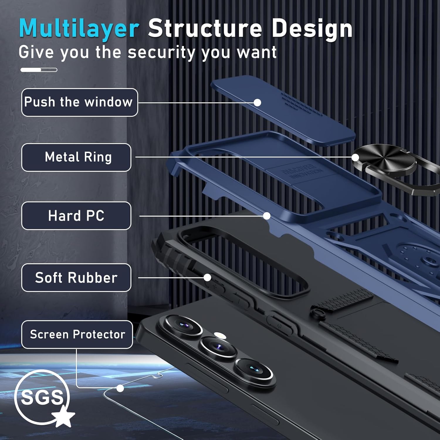 Thumbnail 3 de Janmitta Compatible with Samsung Galaxy S26 Case (2026 Blue) — Slide Camera Lens Cover, Screen Protector & 360° Finger Ring Kickstand