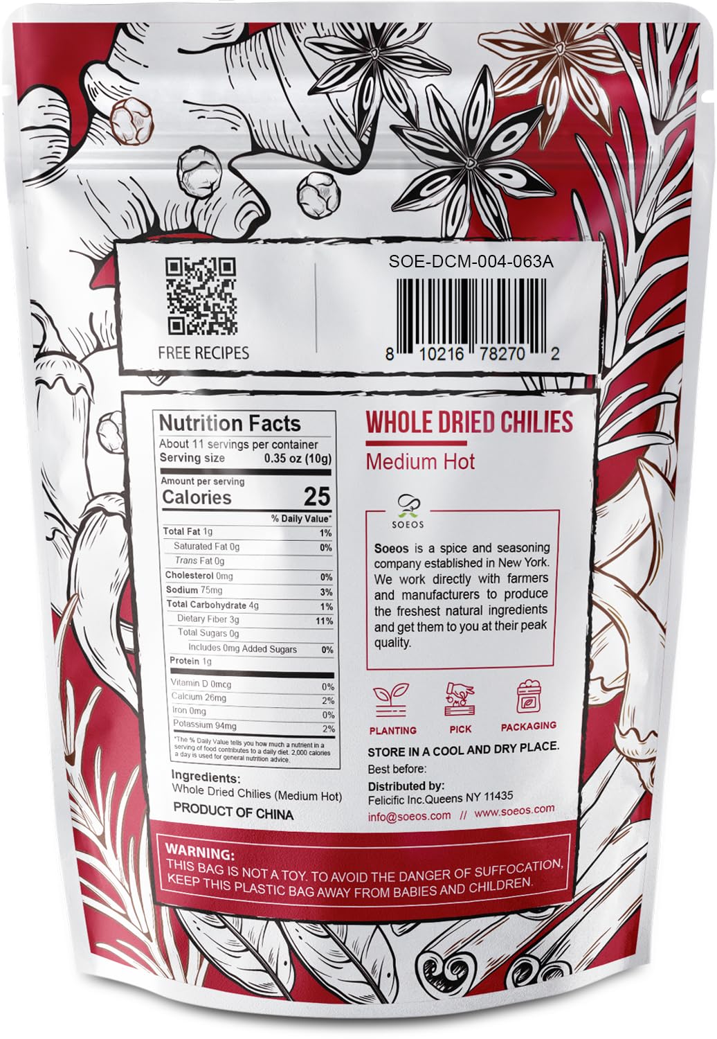 Thumbnail 1 de Soeos Whole Dried Chili Peppers, 4 oz (113g), Medium-Spicy Red Chilies