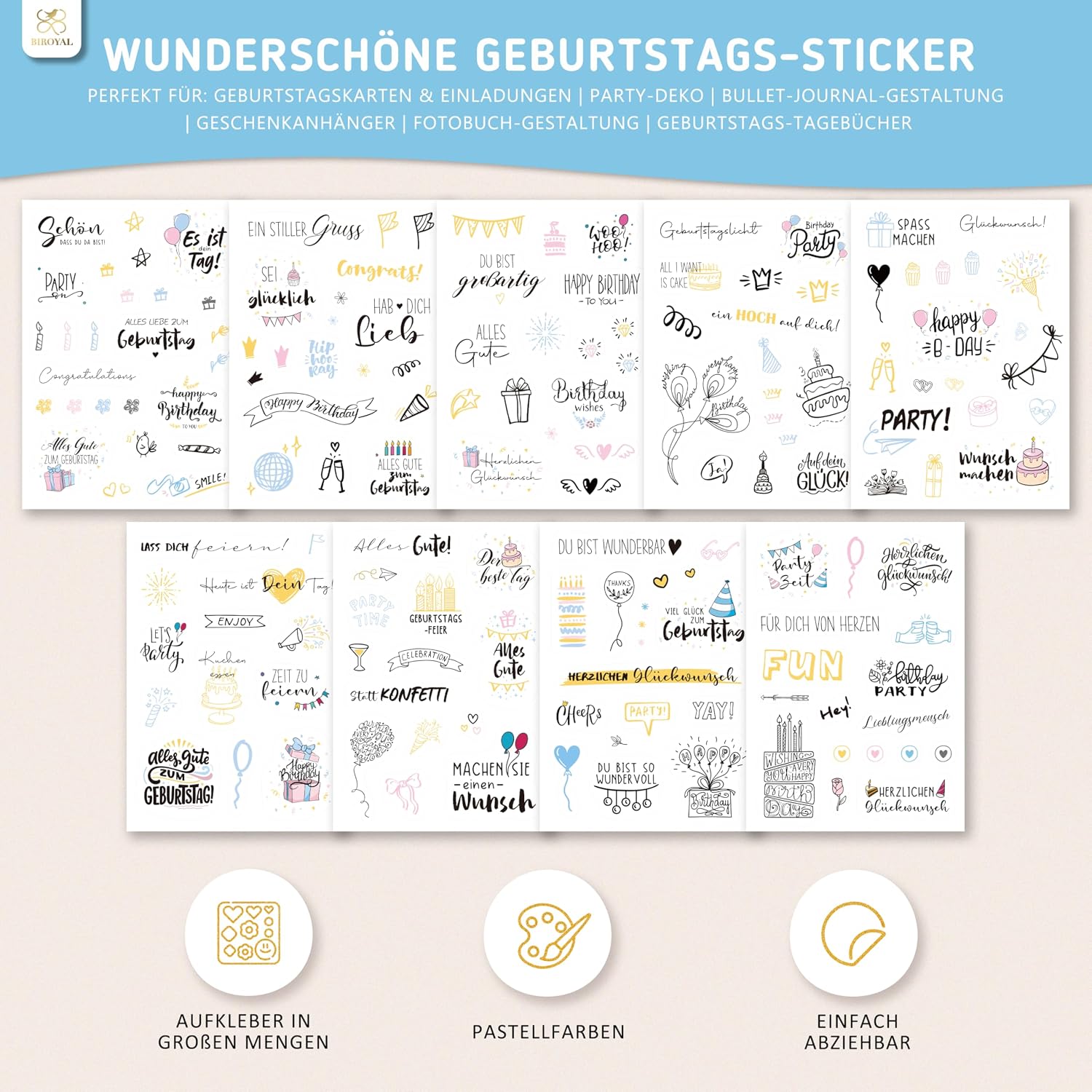 Detalle de BIROYAL 9 Blätter Sticker Geburtstag Set – Über 130 Sticker für Gästebuch, Fotoalbum und Karten