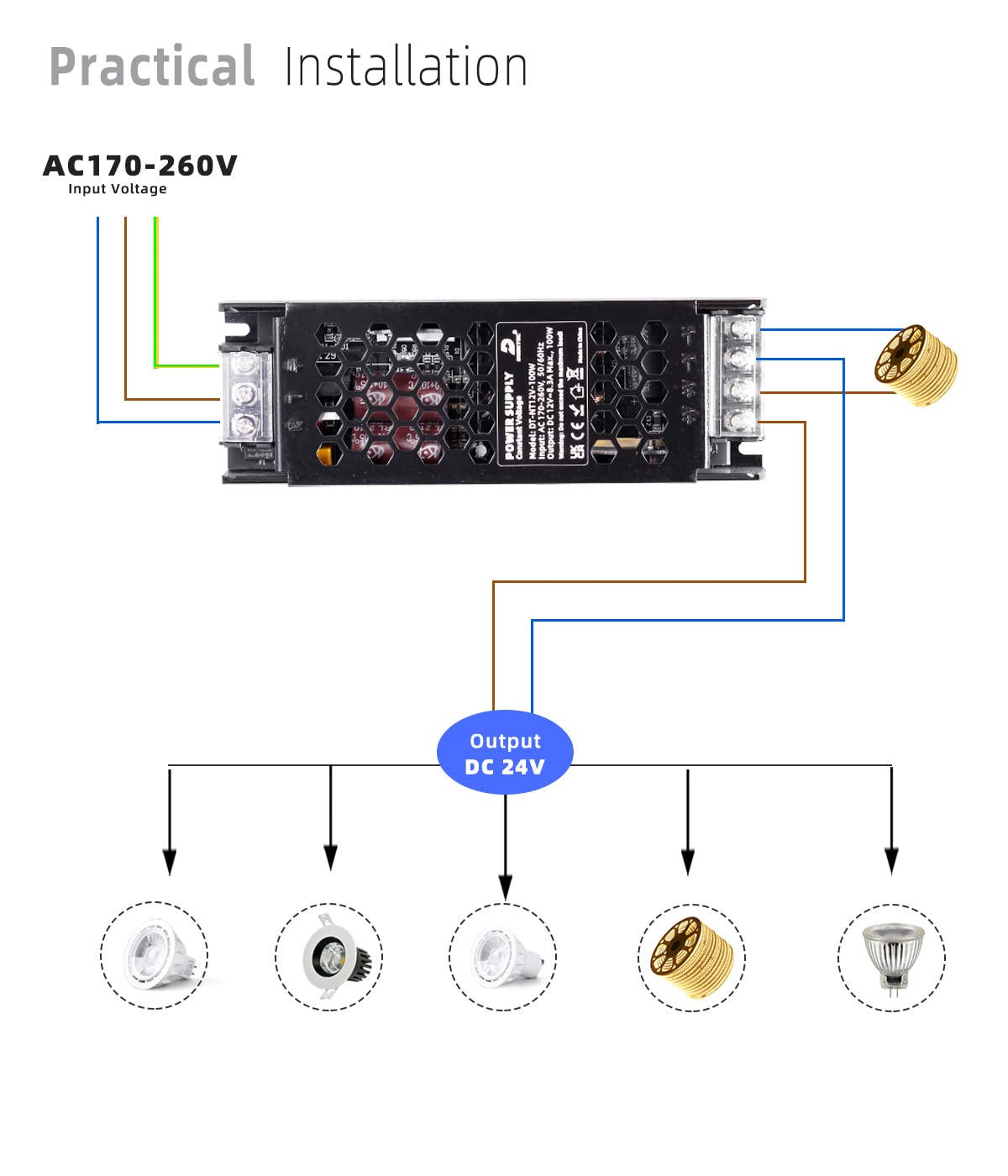 Detalle 2 de DUSKTEC 24V 100W LED Driver Transformer — Slim, Non-Dimmable Constant Voltage Power Supply