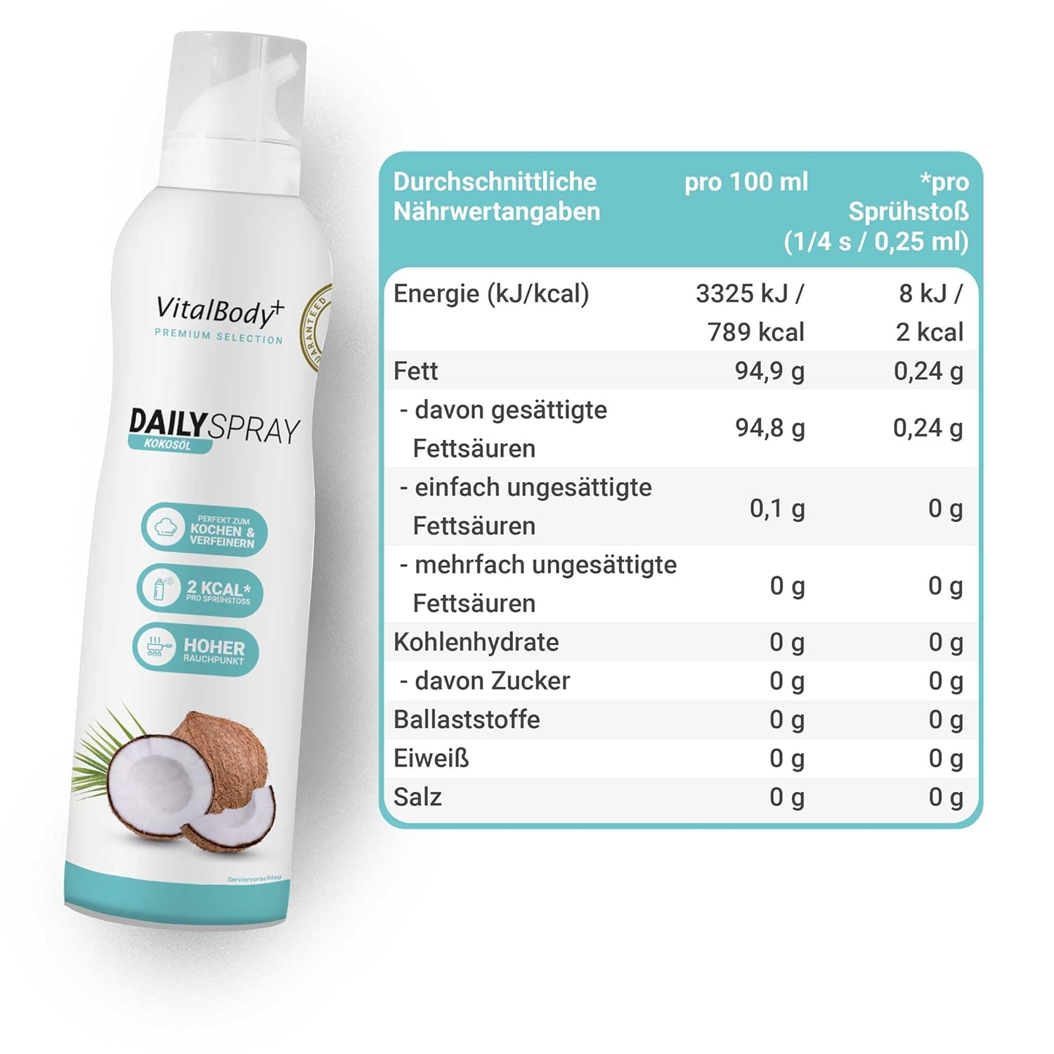 Detalle 2 de VitalBody+ DailySpray MCT Kokosöl – Kalorienarmes Ölspray (4er Pack, 3200 Portionen) für Airfryer, Braten & Grillen