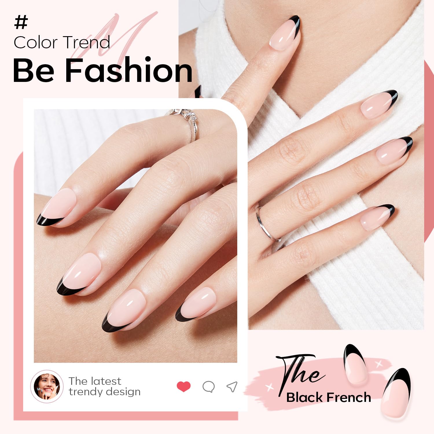 Thumbnail 3 de Modelones Black French Tip Almond Press-On Nails: 32-Piece Reusable Kit (16 Sizes)