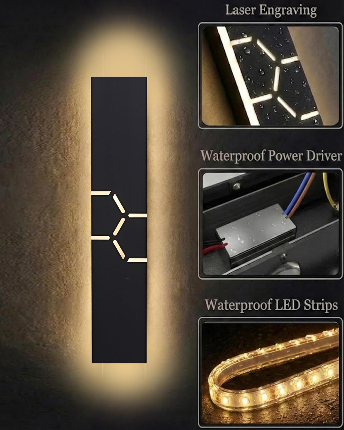 Thumbnail 4 de SUZNIU Lange LED Wandleuchte Außen/Innen Villa Wandlampe – 30 cm, IP65, 3000K, Schwarz