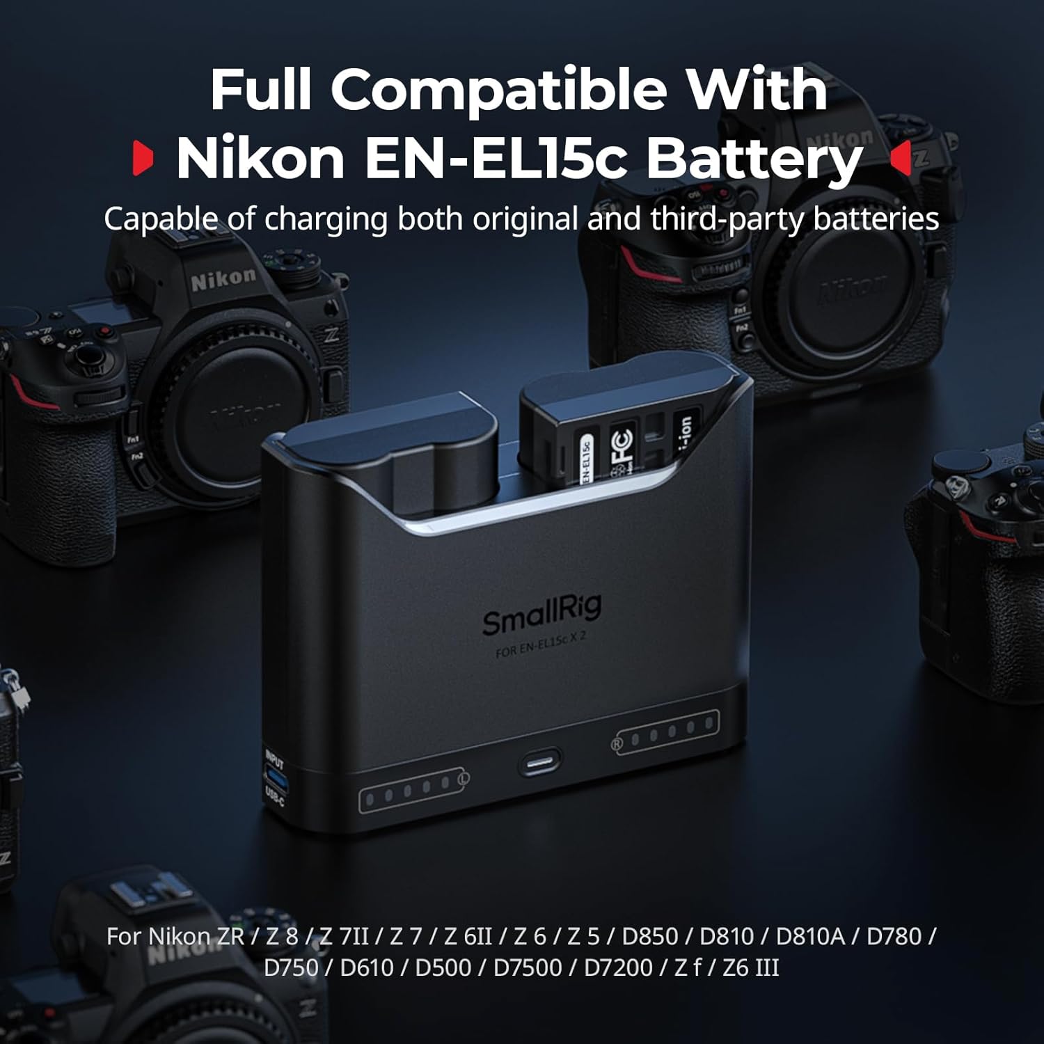 Detalle de SmallRig Caricabatterie EN-EL15c per Nikon – doppio slot, USB-C 22,5 W e display LED