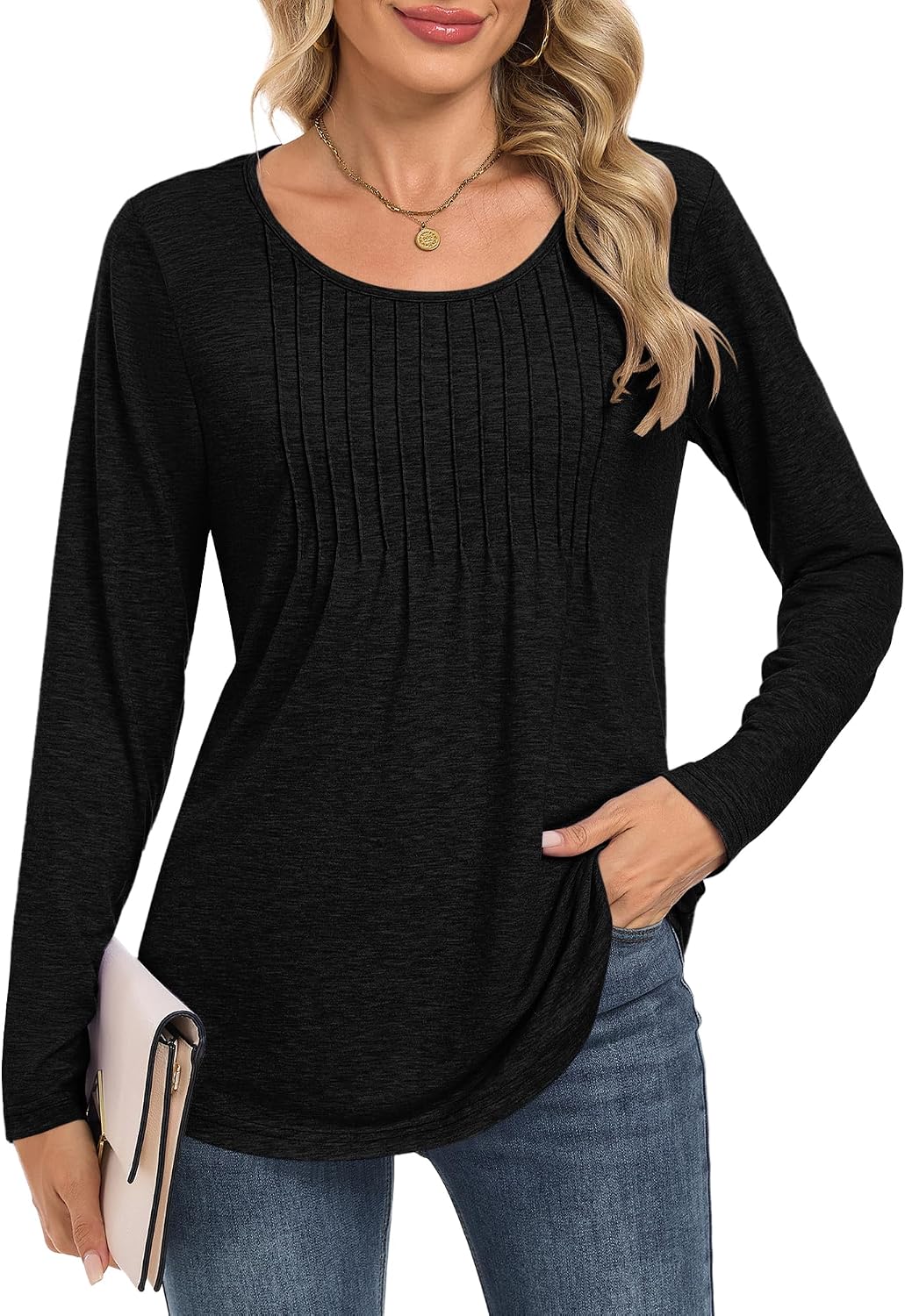 Thumbnail 3 de MOLERANI T‑Shirt Femme décontracté à col rond avec plis sur la poitrine – oversize
