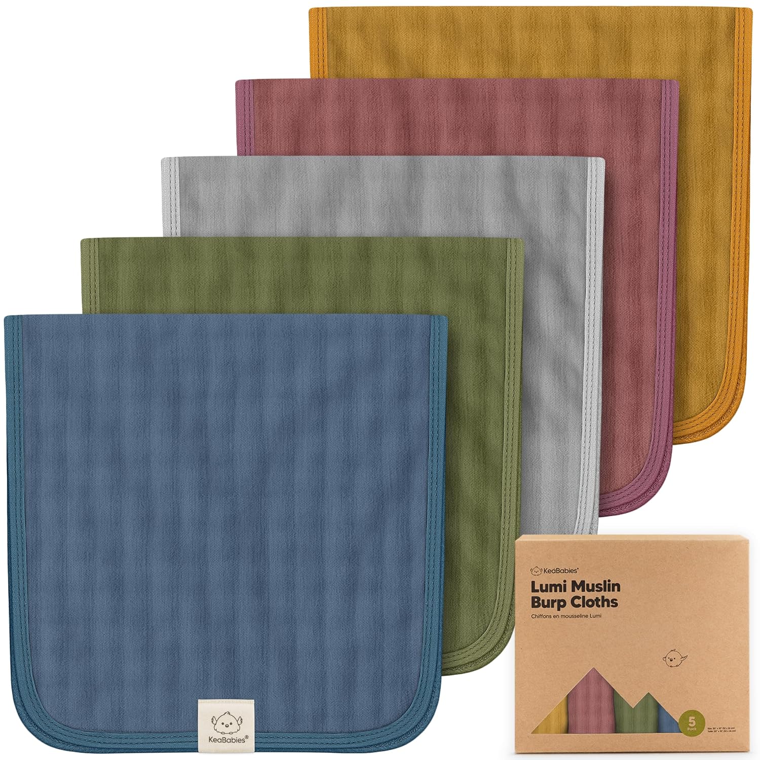 KeaBabies Lumi Muslin Burp Cloths, 5-Pack, 20 x 10 Inches, 8 Layers, Corals