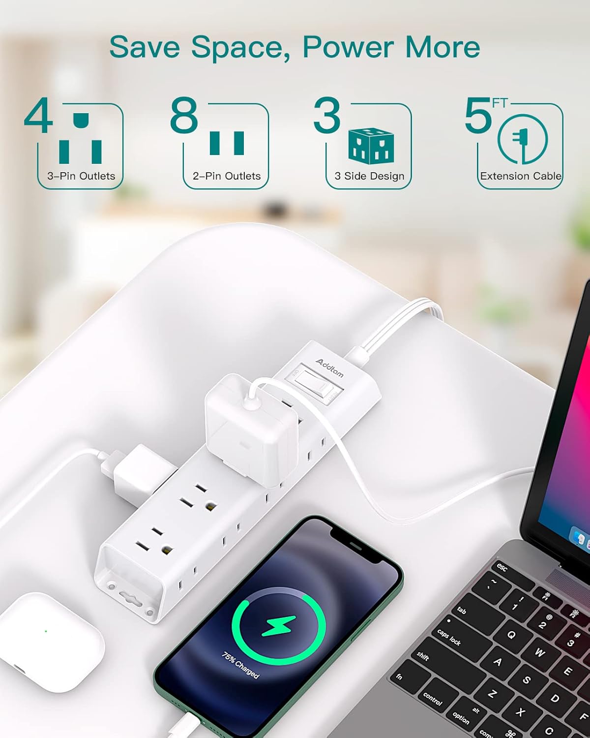 Detalle 1 de Addtam Flat Plug Power Strip 12-Outlets 5Ft ๐