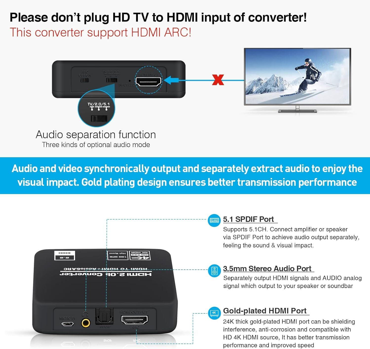 Thumbnail 5 de 4K 60Hz HDMI Audio Extractor Splitter Converter (HDMI ARC + Optical + 3.5mm) with HDCP 2.2