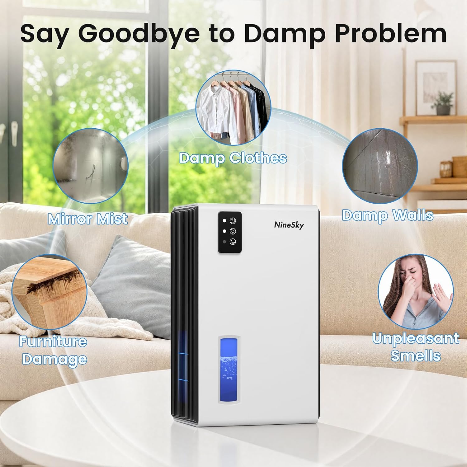 Detalle de NineSky 1000 Sq Ft Dehumidifier with 95oz Tank, Quiet Operation, Auto Shut-Off, and 7-Color Ambient Light