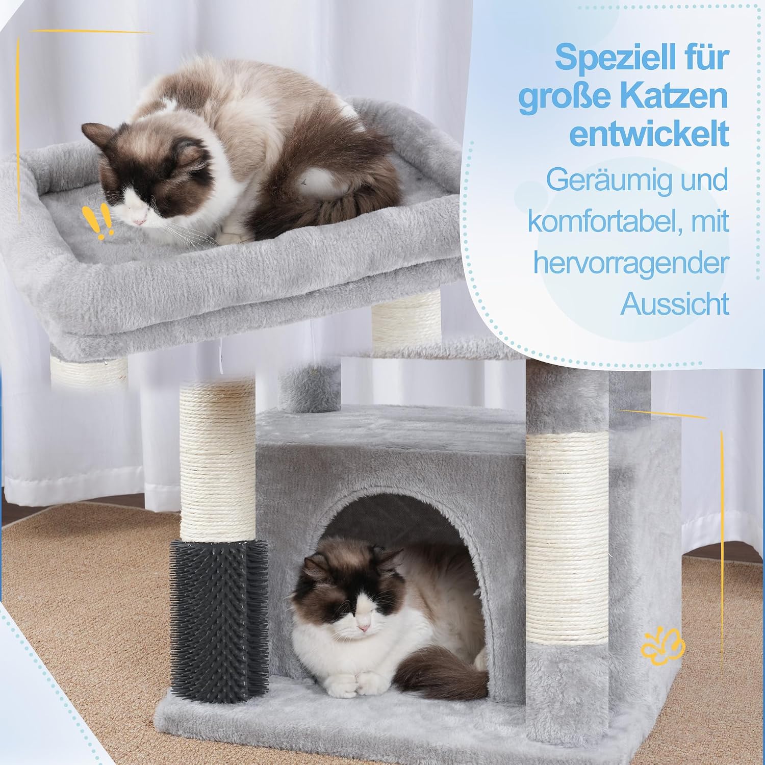 Detalle de Hey-brother Arbre à chat MPJ070W pour Maine Coon : 2 plateformes, 2 hamacs et brosse de toilettage