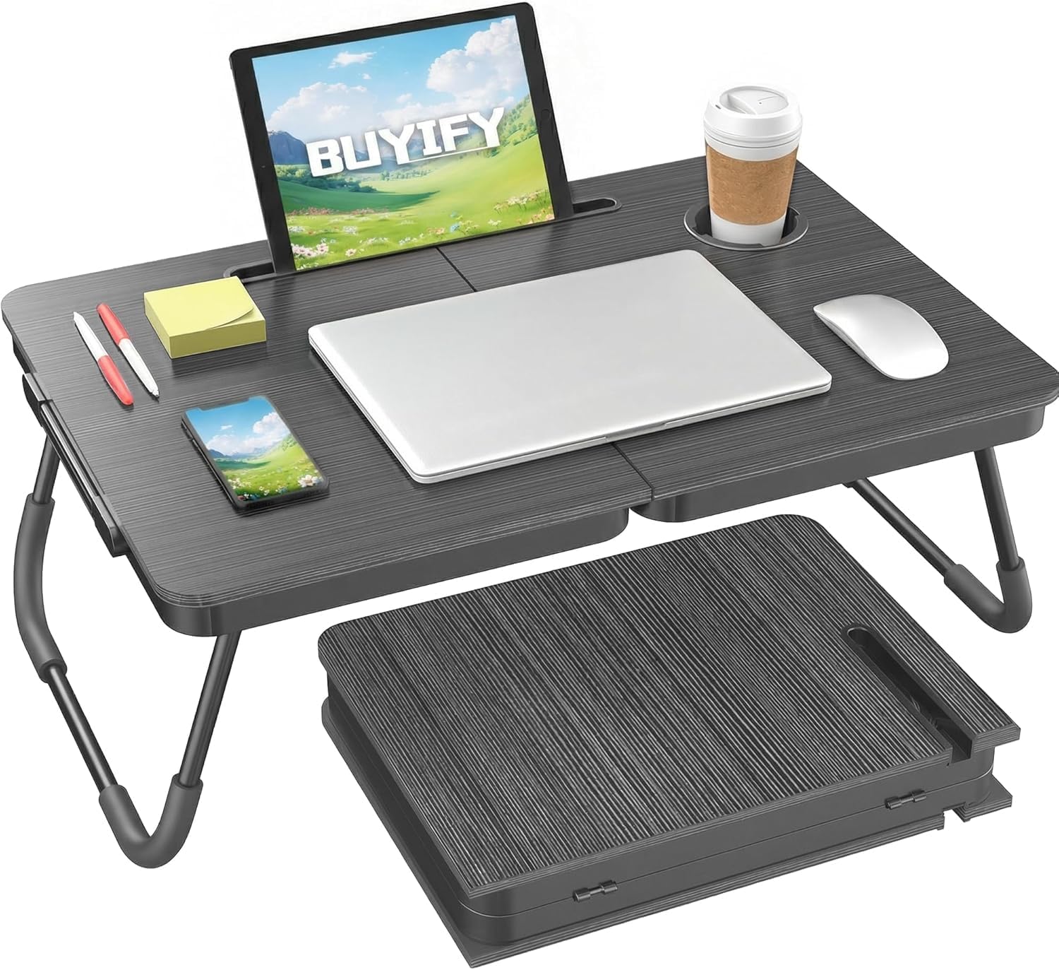 Detalle de BUYIFY Foldable Laptop Desk for Bed and Couch with Cup and Phone Holders