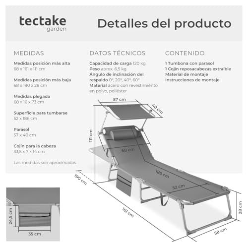 Thumbnail 1 de tectake® Tumbona Jardín Exterior de Acero, Tumbona Plegable con Reposacabezas y Parasol