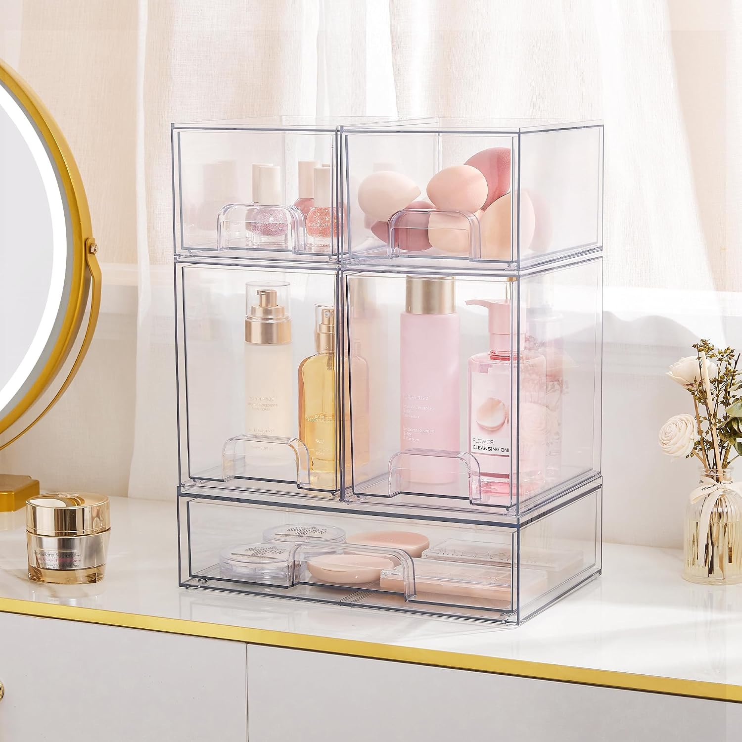 Detalle 2 de Oillase 5p Clear Plastic Storage Drawer Organizer, Stackable Set of 5