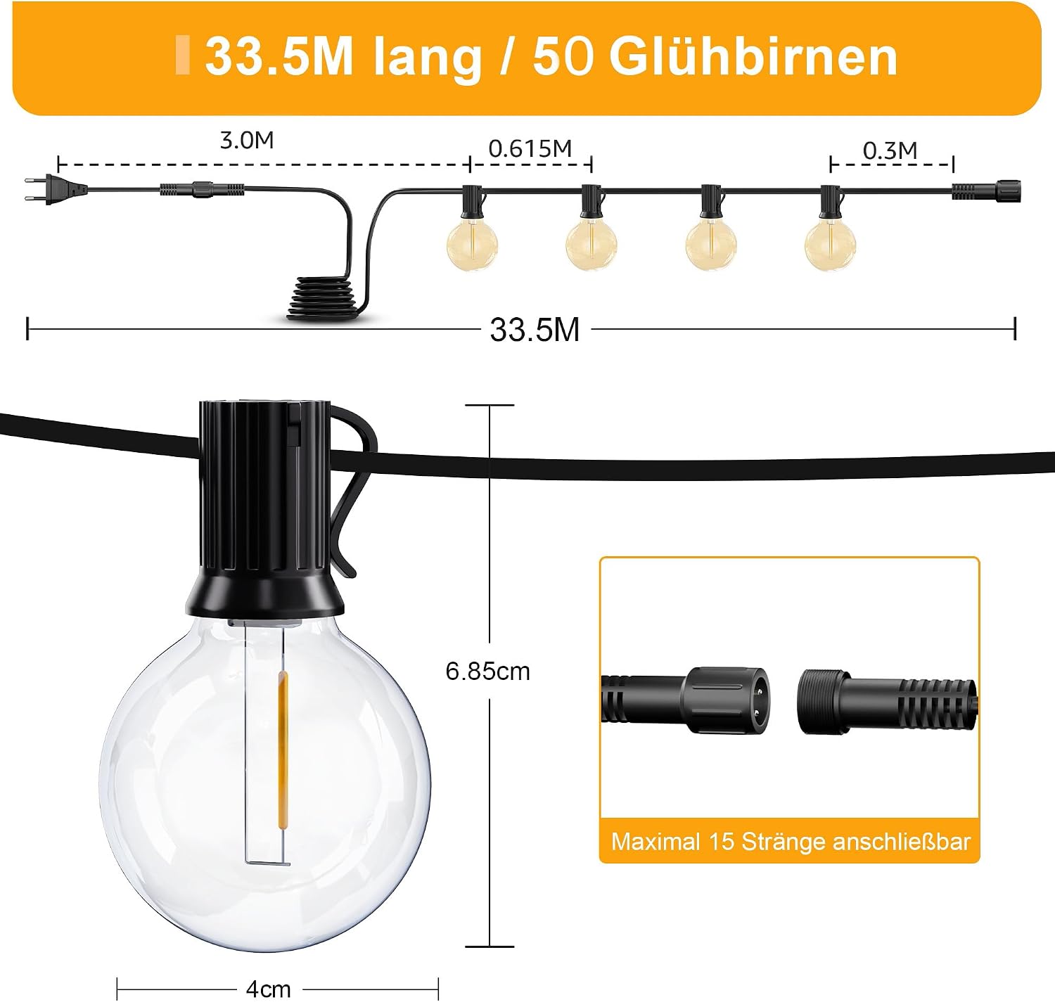 Detalle 2 de LED Lichterkette Außen Strom 33.5m – wetterfeste Outdoor-Lichtkette mit 52 G40 Glühbirnen (2600K–2200K), IP54, dimmbar, 1 Jahr Garantie