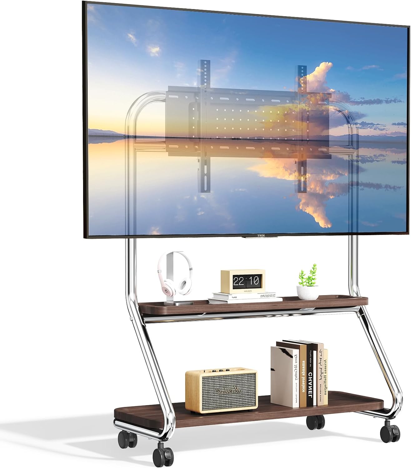 Detalle de TV-Ständer mit Rollen für 40–75 Zoll Fernseher bis 50 kg – höhenverstellbar, universell, Silber