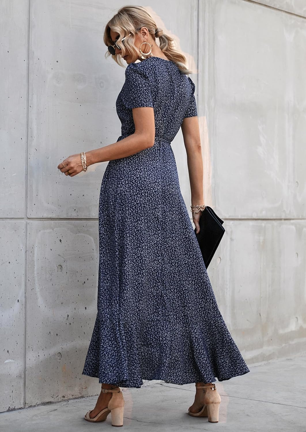 Thumbnail 1 de PRETTYGARDEN Women's Boho Floral Maxi Dress with V-Neck Wrap — Short Sleeves, Flowing Beach Maxi
