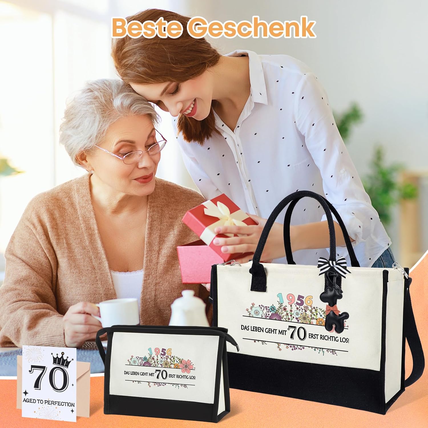 Detalle de Seutgjie Canvas Einkaufstasche Set zum 70. Geburtstag für Frau – Vintage Design mit Glückwunschkarte