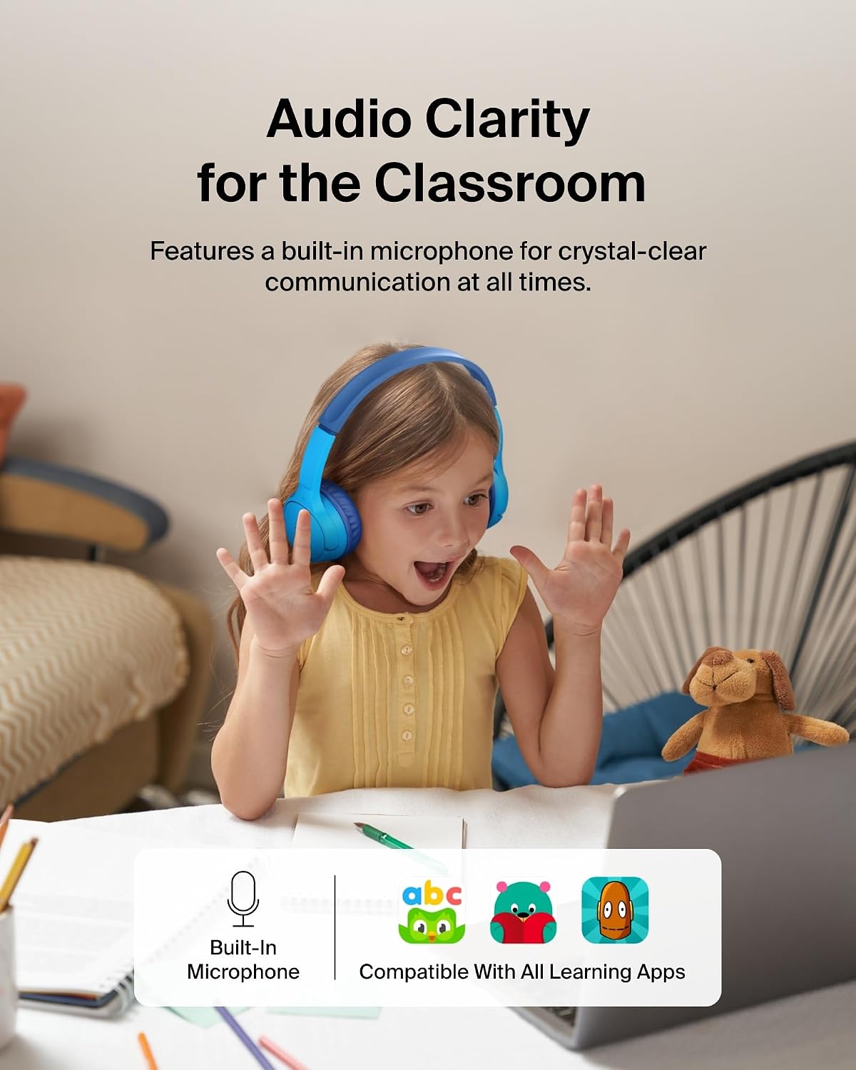 Detalle de Belkin SoundForm Mini Kids Wireless Bluetooth Headphones (30H Battery, 85dB Safe Volume) with Mic, Blue