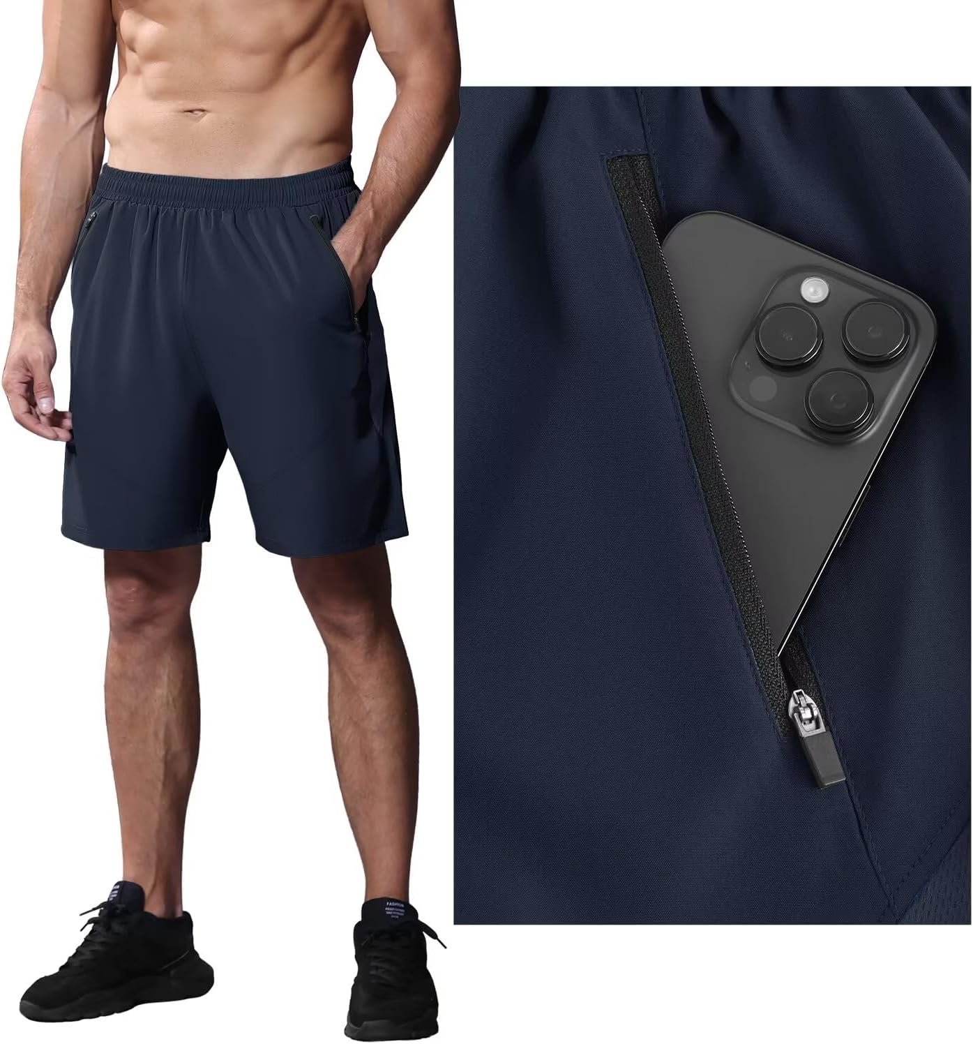 Thumbnail 1 de HMIYA Herren-Sport-Shorts – schnelltrocknend, mit Reißverschlusstaschen und reflektierenden Streifen