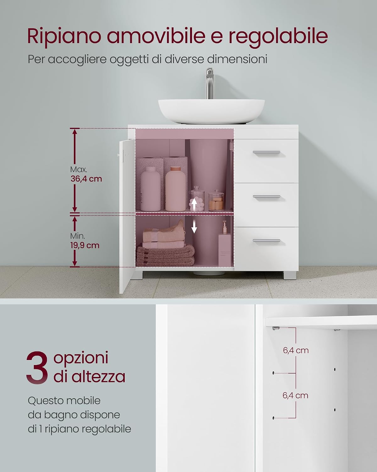Detalle 2 de VASAGLE Mobile Sottolavabo 30x60x64 cm Bianco Nuvola