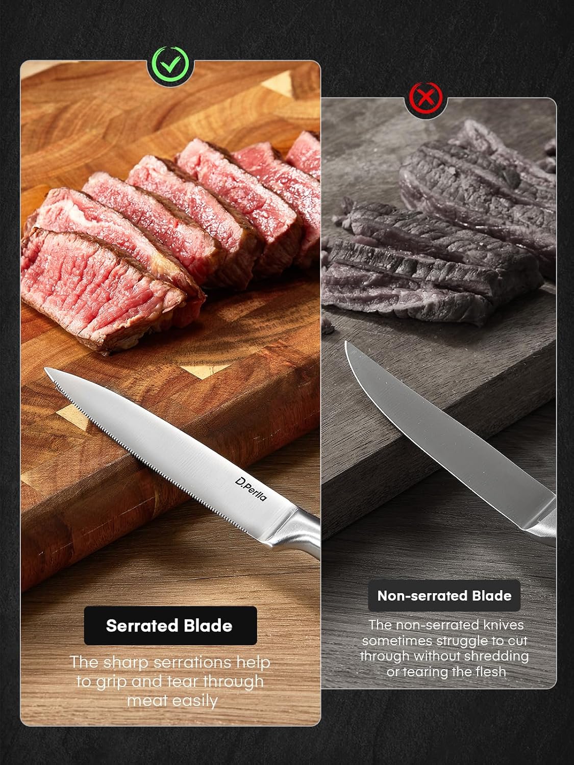 Detalle 1 de D.Perlla K3-9 Steak Knife Set of 8 with Micro-Serrated Blades and Clear Stand