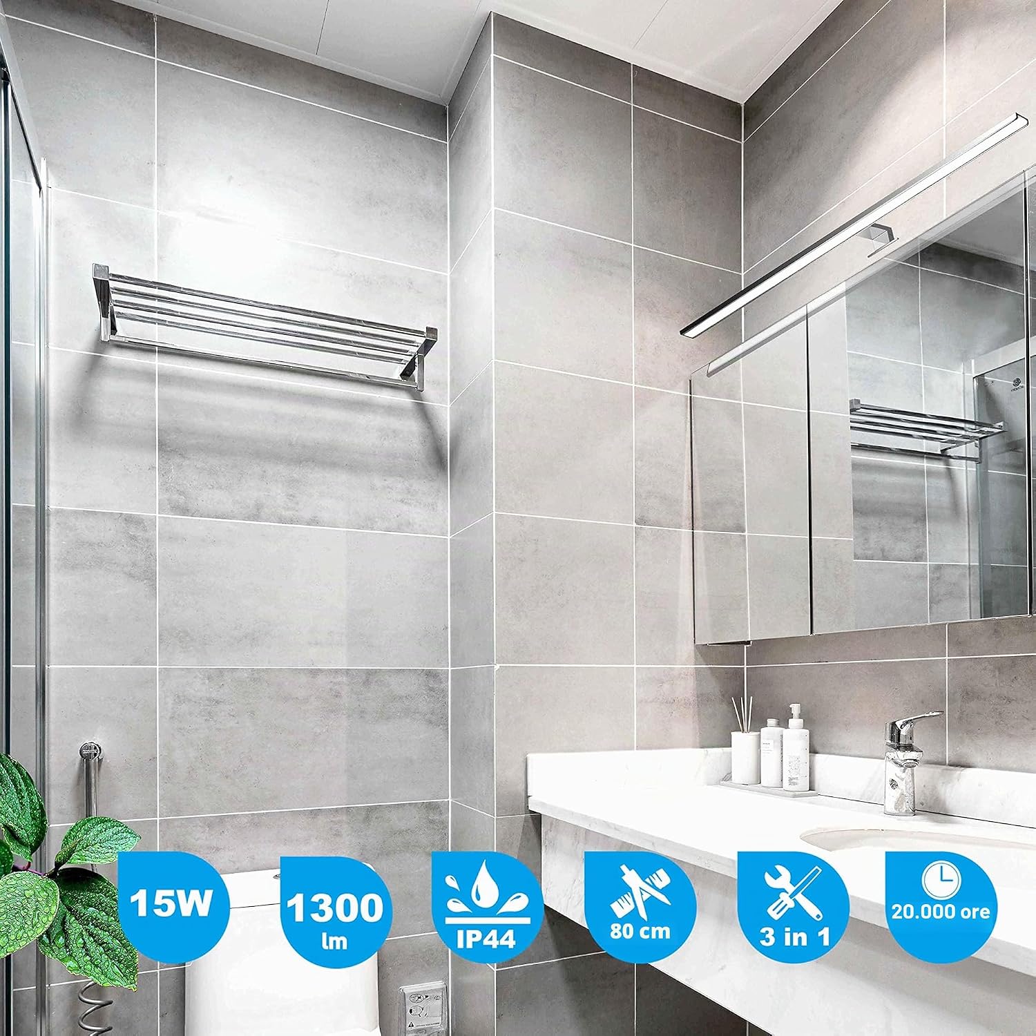 Detalle de YIQAN 60 cm LED Specchio Luce 4000 K – Specchio con Illuminazione IP44