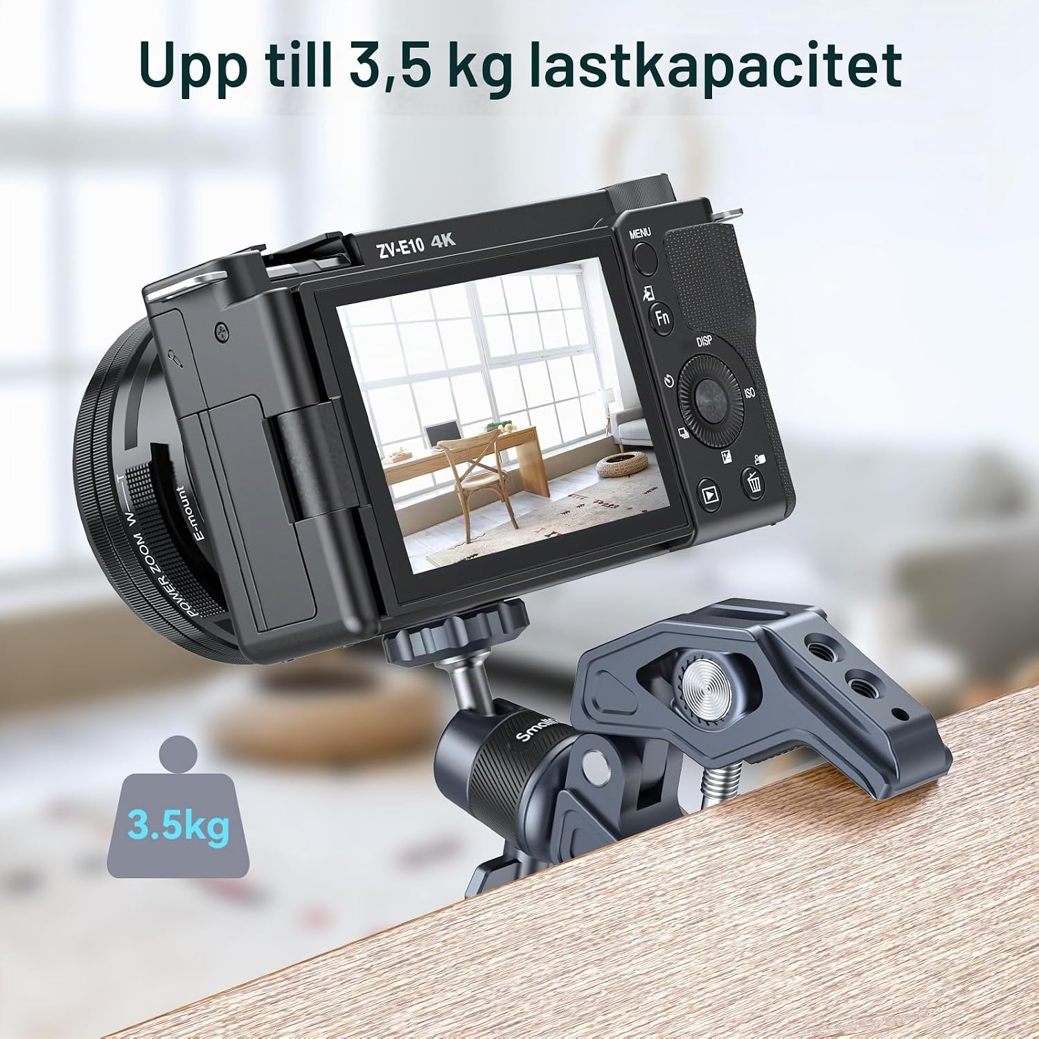 Detalle de SMALLRIG 4102B kameraklämma med kulhuvud, 360° rotation och avtagbar adapter