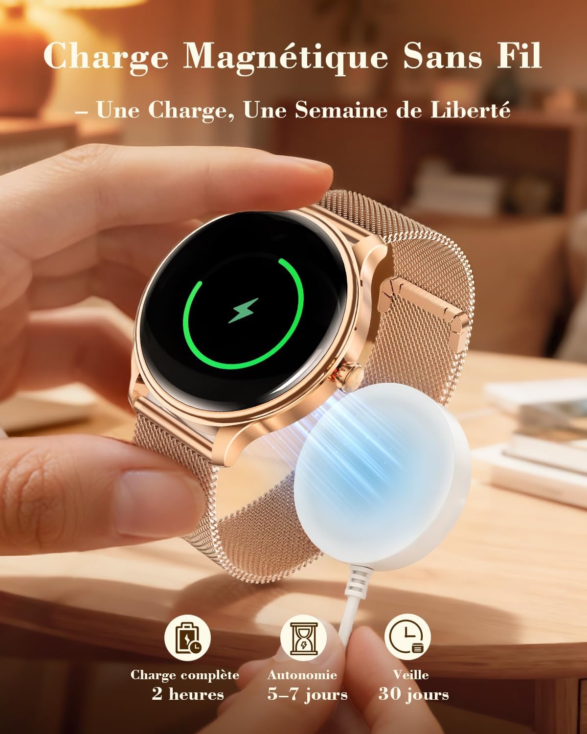 Detalle de WalkerFit Smartwatch Damen Rund 1,43" AMOLED – IP68, Bluetooth Anrufe, 120+ Sportmodi, Roségold