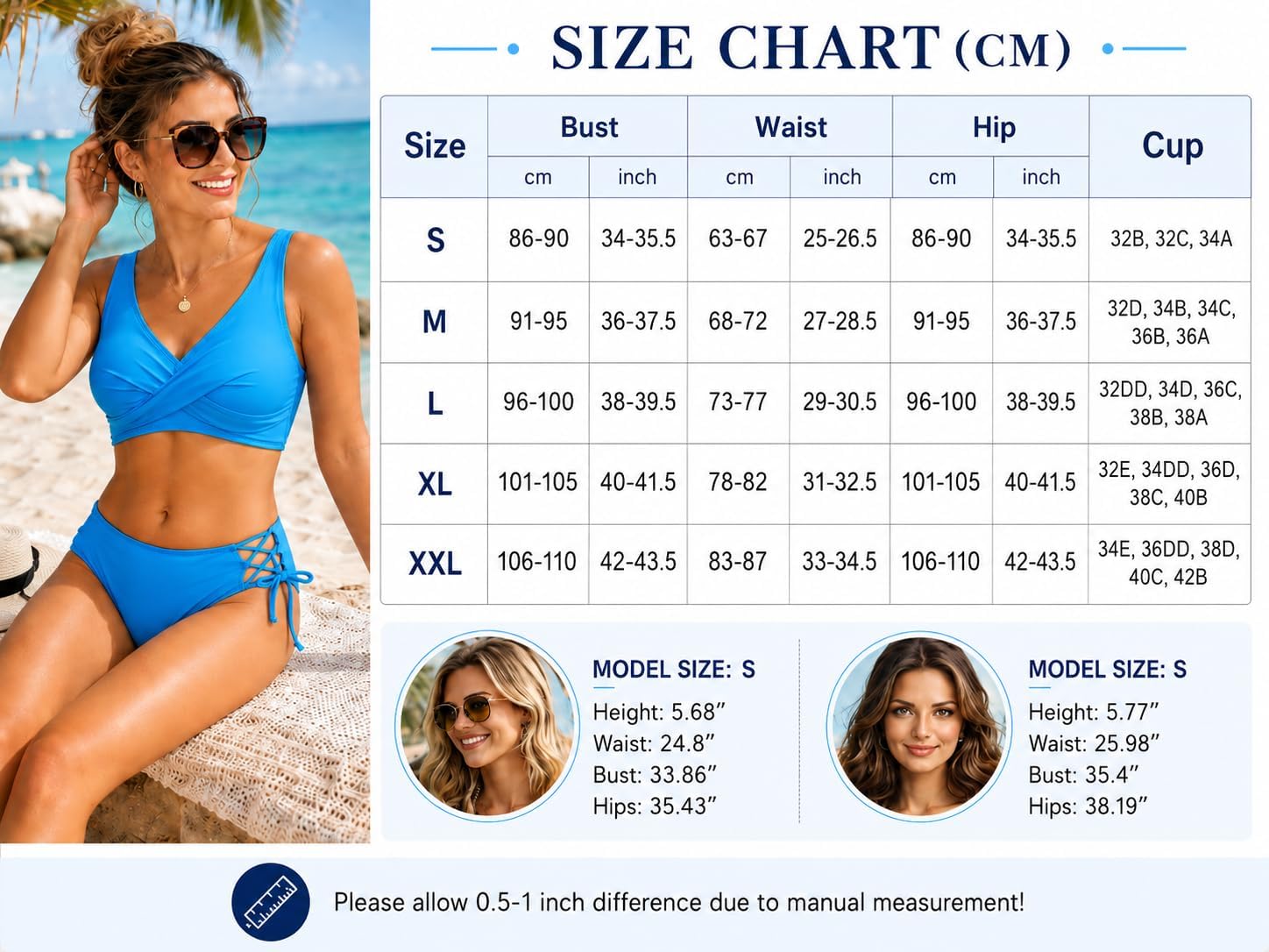 Detalle de Ekouaer Maillot de Bain Femme 2 Pièces Push Up — Bikini Set à Col V et Laçage Réglable (S-XXL)