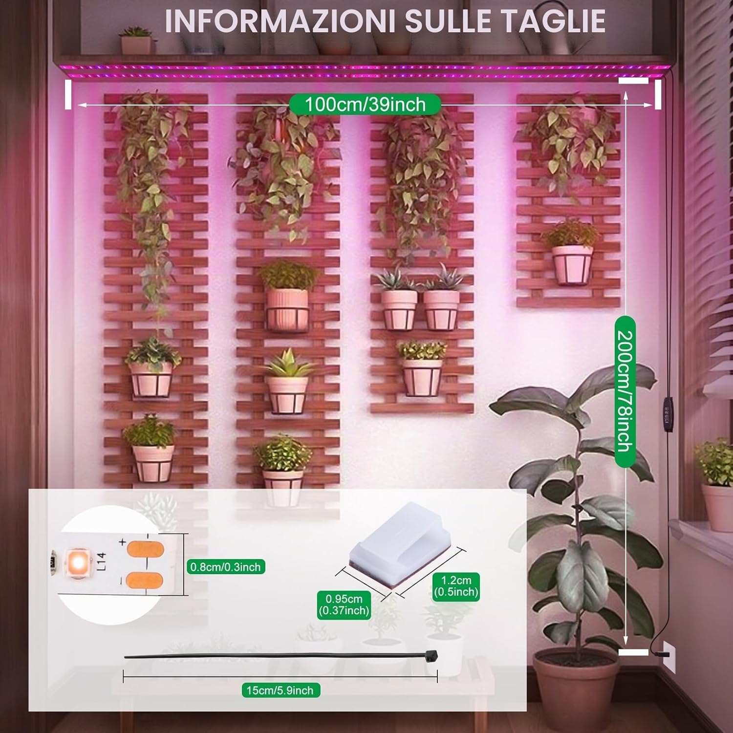 Detalle de Lampada per Piante Luci di crescita impermeabili 120 LED USB con timer e spegnimento automatico – Rosa/Blu, 6.56FT