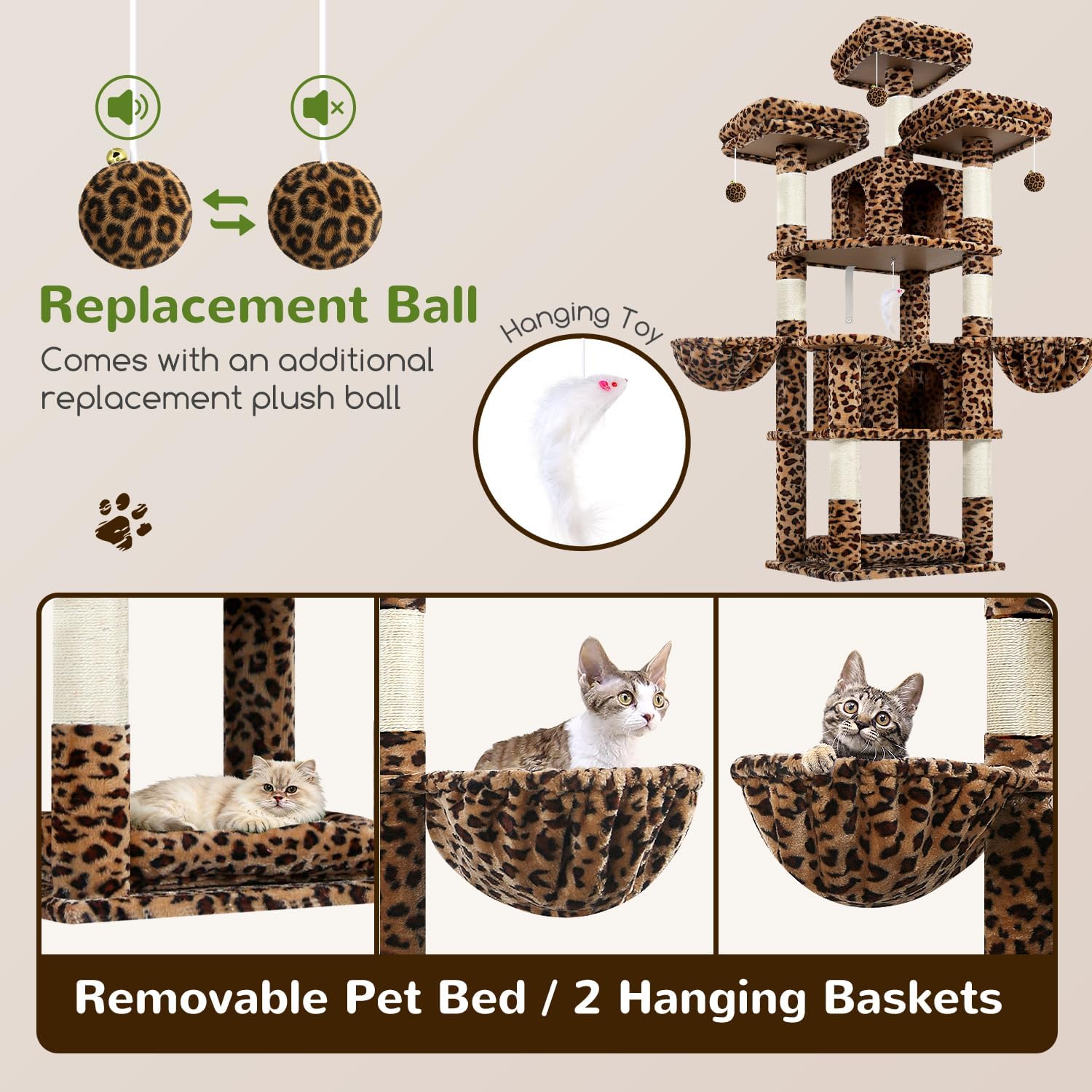 Thumbnail 5 de Globlazer Kratzbaum Leoparden Stabil 174 cm mit 3 gepolsterten Sitzstangen, 2 Katzenhäusern und abnehmbarem Haustierbett (F68B)